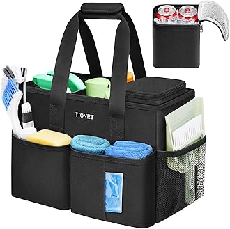 Ytonet Cleaning Caddy, Water Resistant Cleaning Supplies Organizer with Handle & Foldable Divider for Cleaners, Housekeeping Tote for Kitchen & Bathroom, Car Tool Caddy Organizer Bag, Black