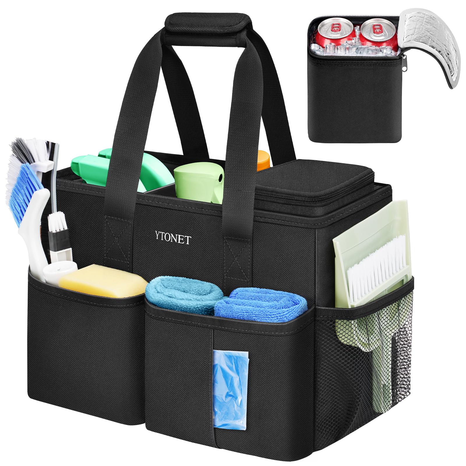Ytonet Cleaning Caddy, Water Resistant Cleaning Supplies Organizer with Handle & Foldable Divider for Cleaners, Housekeeping Tote for Kitchen & Bathroom, Car Tool Caddy Organizer Bag, Black