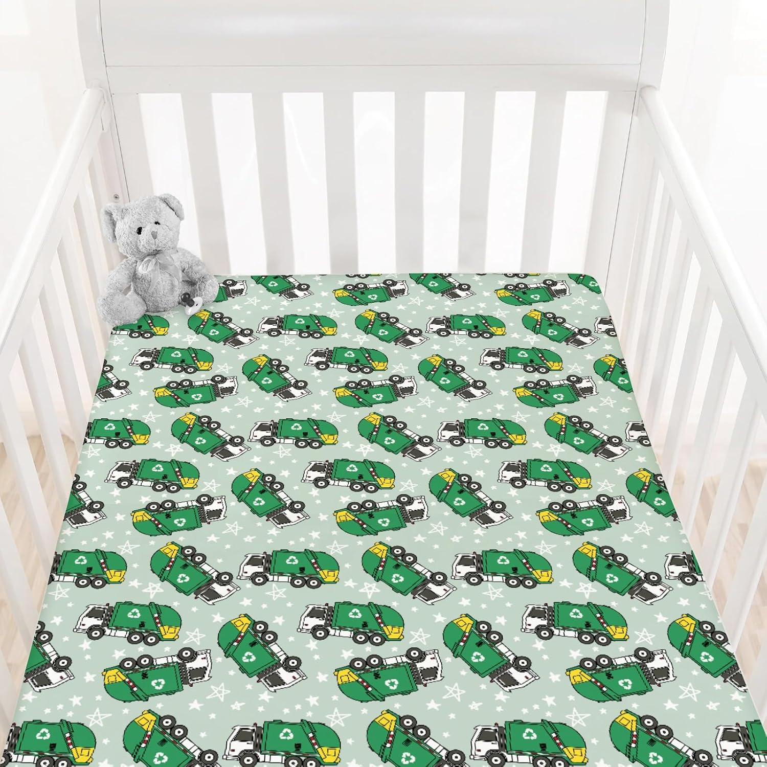 HawSkgFub Green Bin Recycling Lorry Fitted Standard Crib Sheet for Baby Boy, Stars Garbage Truck Lover Toddler Mattress Cover, Soft Breathable Stretchy Nursery Bed Sheets Decor Kids Gift 52" x 28"