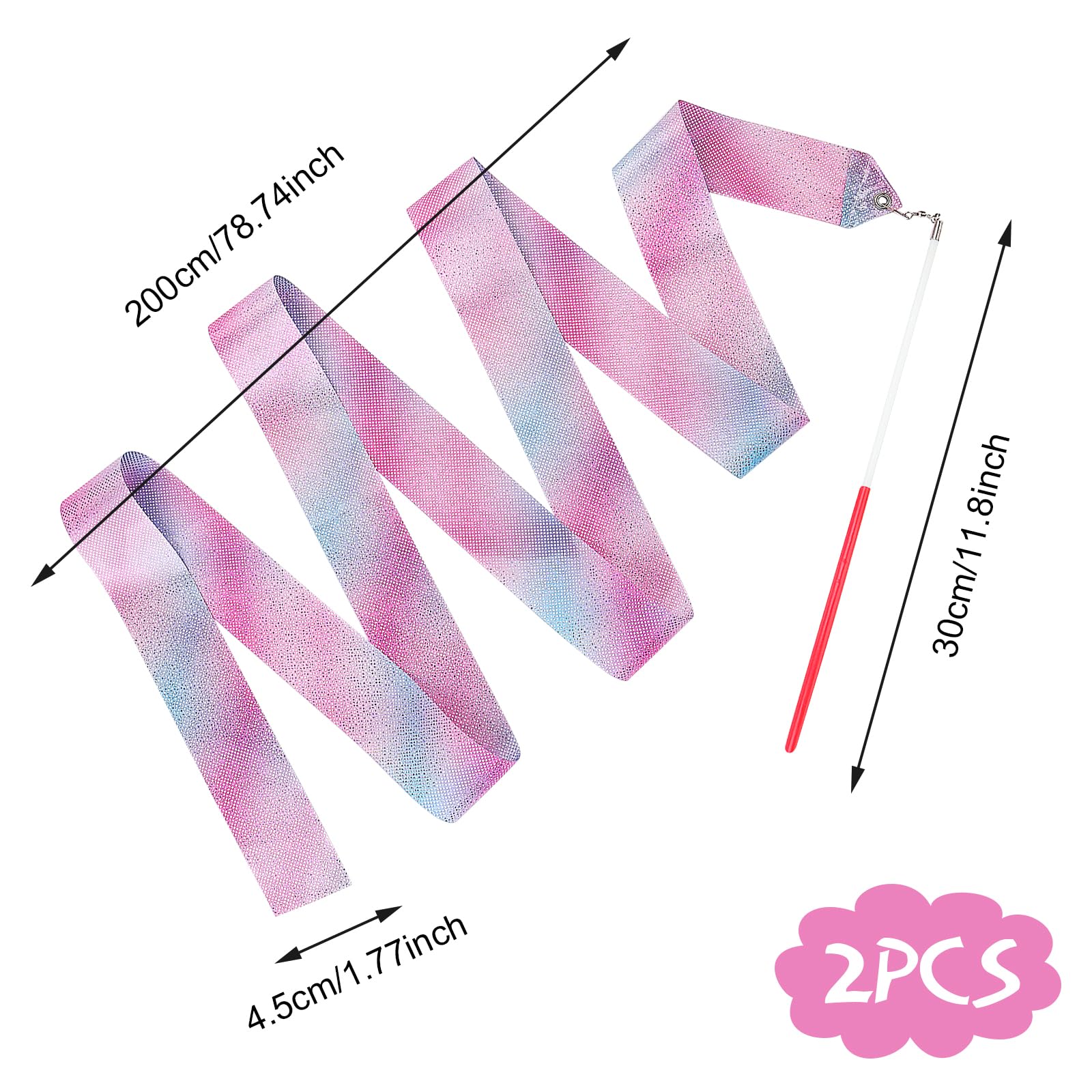 TOYMIS Gymnastikbänder Set – 4 Stück, Je 200 Cm, Glitzernd & Regenbogen, Mit Stab