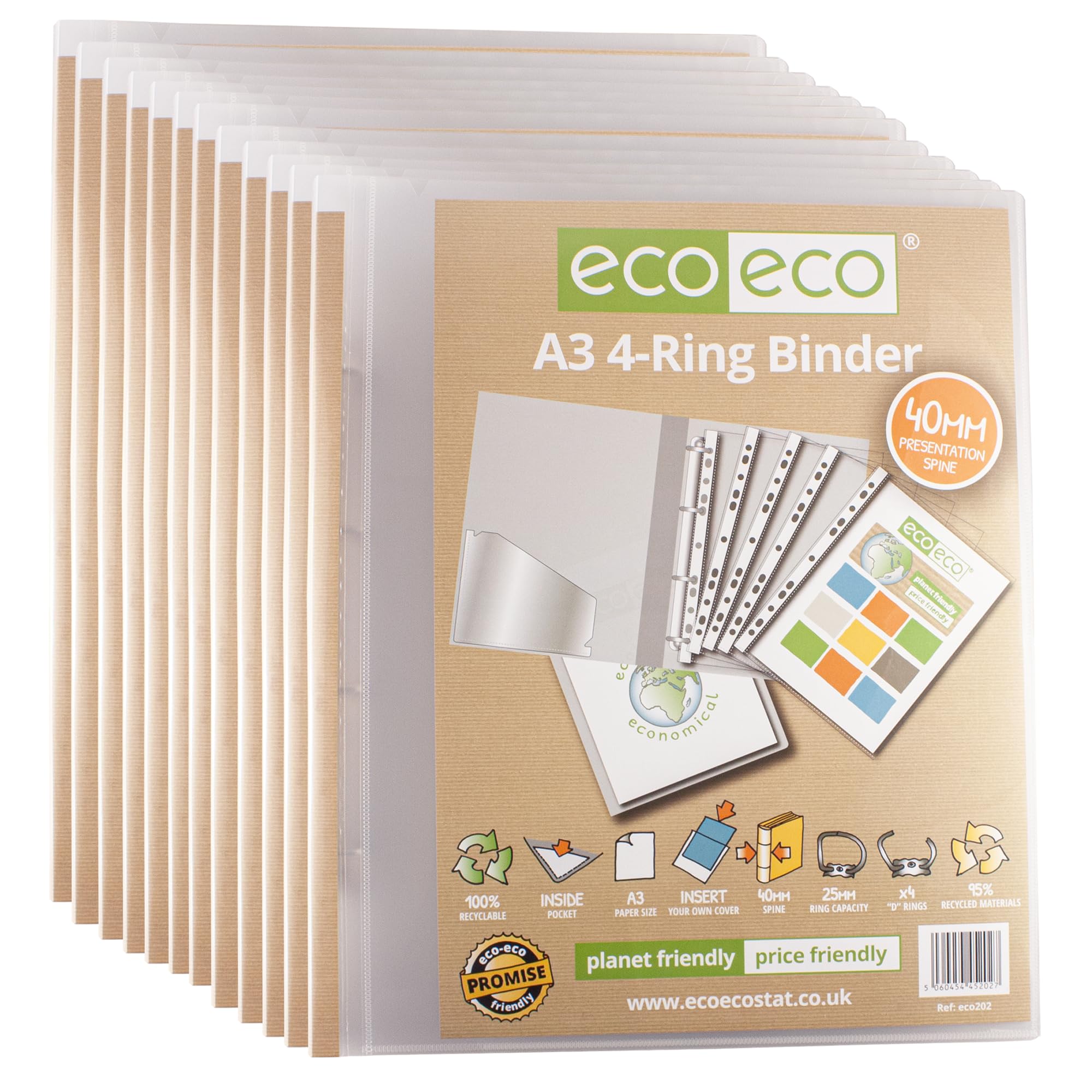 eco-eco A3 95% Recycled 4-D Portrait Clear Presentation Ring Binder File Folder, 40mm Spine, Artwork Portfolio, Pack of 12 Folders, eco202x12