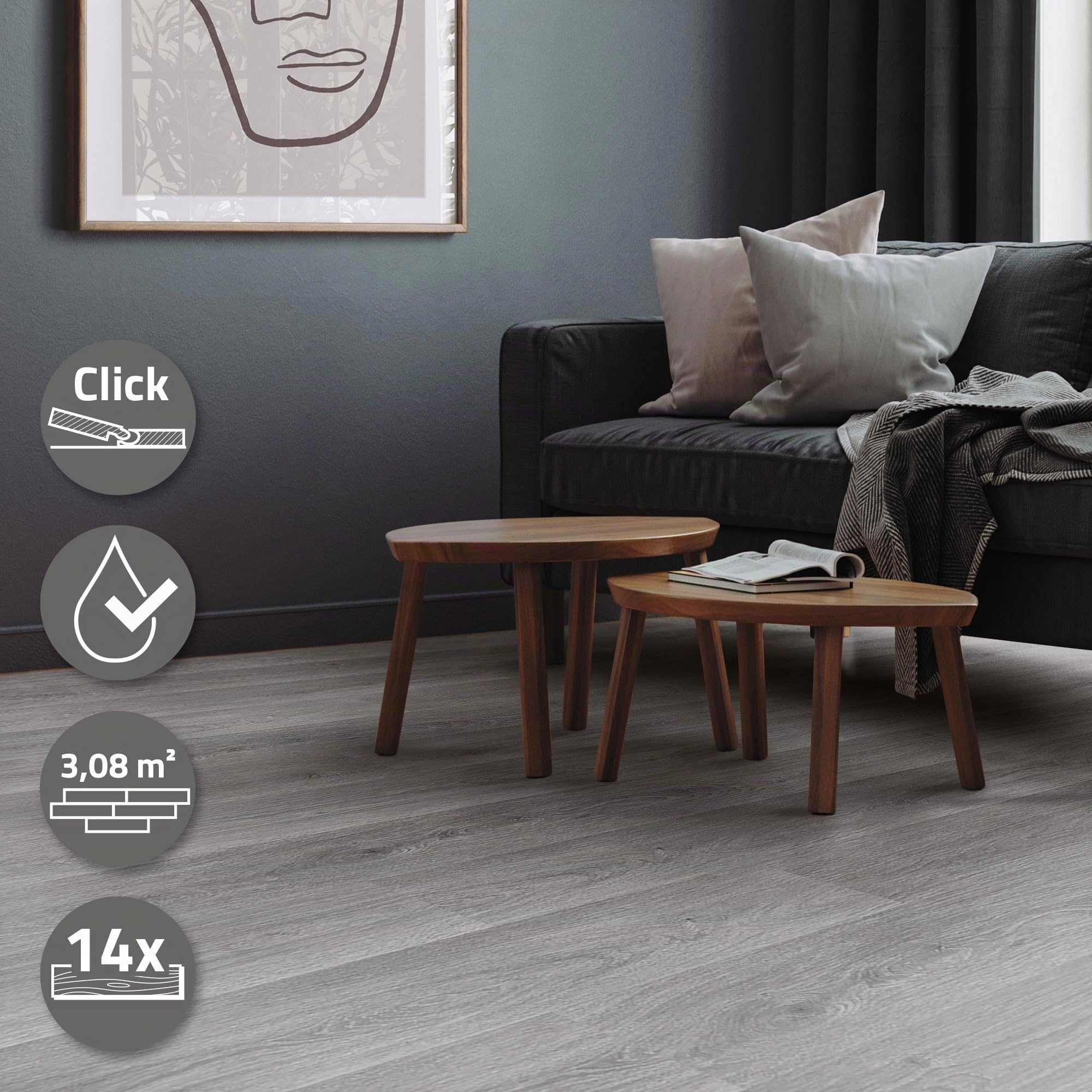 ML-Design Suelo de Vinilo PVC Instalación Sistema de Click Lamas Vinílicas de Aspecto Madera Gris Windswell Hickory 122cmx18cmx4,2mm, Grosor 4,2mm, 3,08m²/14 Planchas Antideslizantes e Impermeables