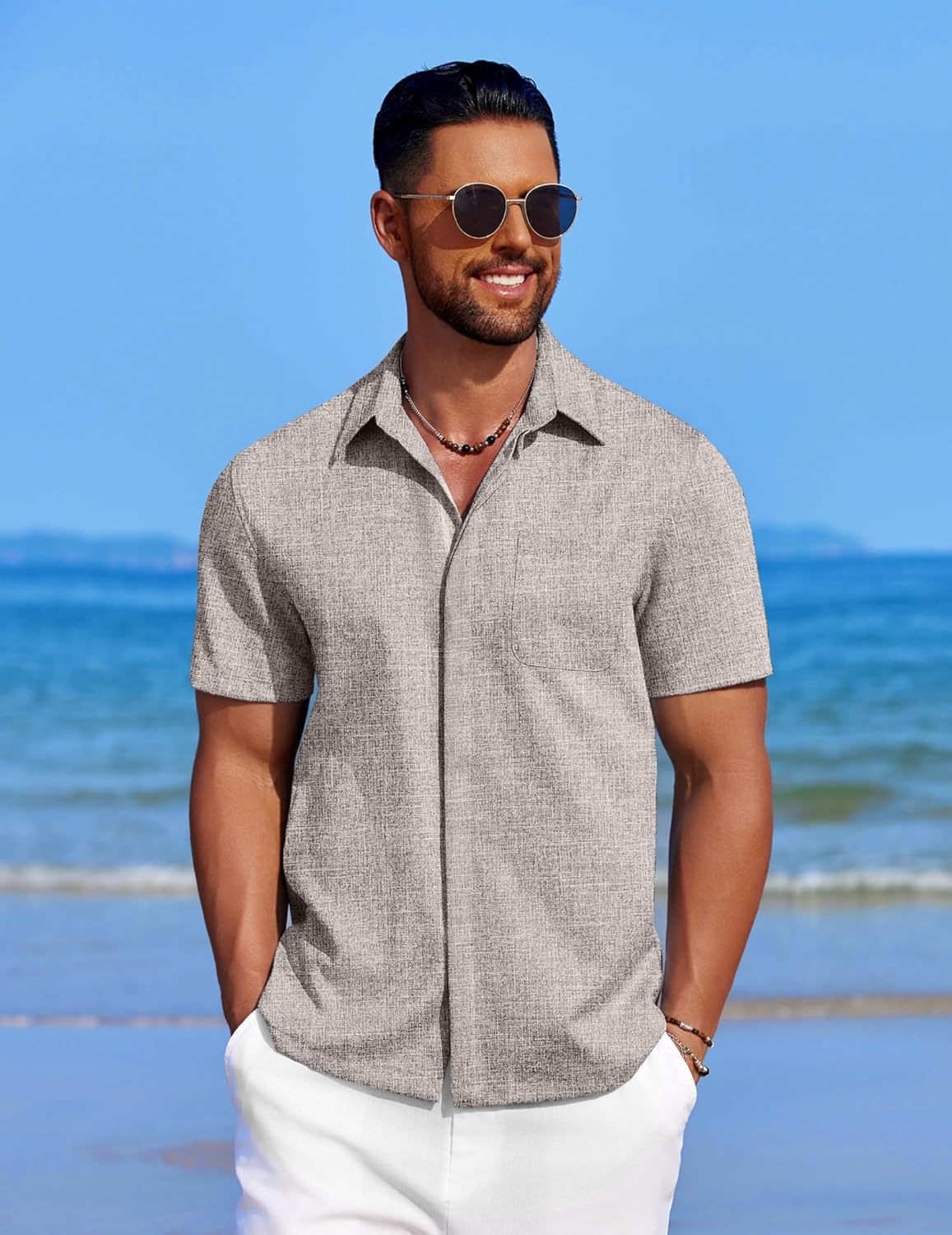 COOFANDY Mens Linen Shirt Casual Short Sleeve Button Down Shirt Summer Beach Vacation Wedding Wear - Image 2