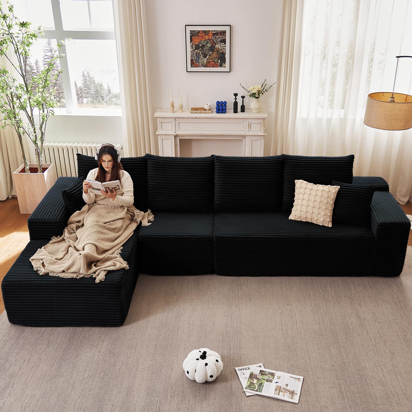 135.4" Modular Sectional Sofa, Modern Corduroy Cloud Couch with Deep Seat, Boneless Couch Upholstered 4-Seater L-Shaped Sofa for Living Room, No Assembly Required (Black, Left-Facing Chaise)