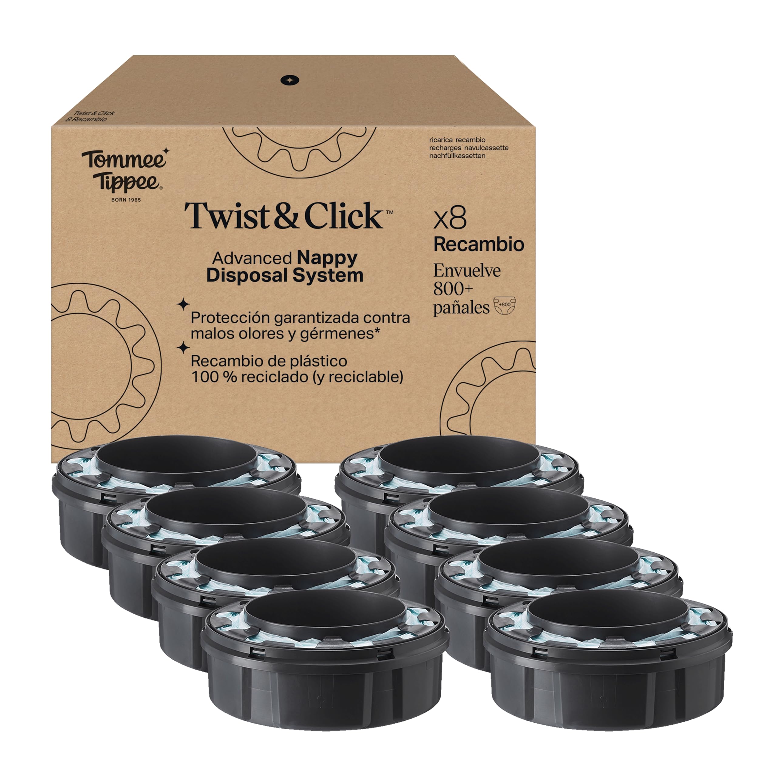 Tommee Tippee Recambio original para contenedor avanzado de pañales Twist and Click, paquete exclusivo de 8, fácil de cambiar y muy económico