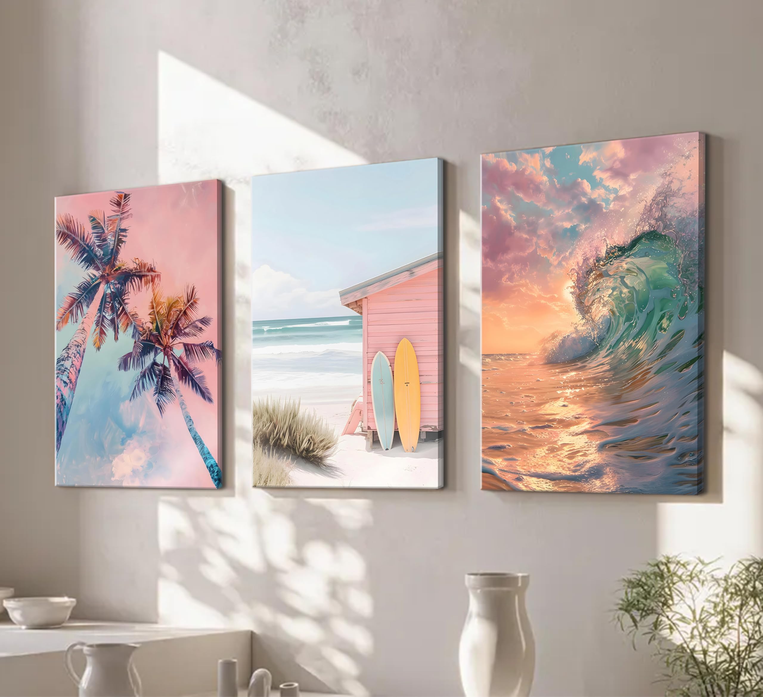3 lienzos de surf costeros de verano, pintura de playa tropical, decoración de pared, palmeras, tabla de surf, olas, póster impreso para baño, dormitorio, decoración del hogar, sin marco, 20 x 30