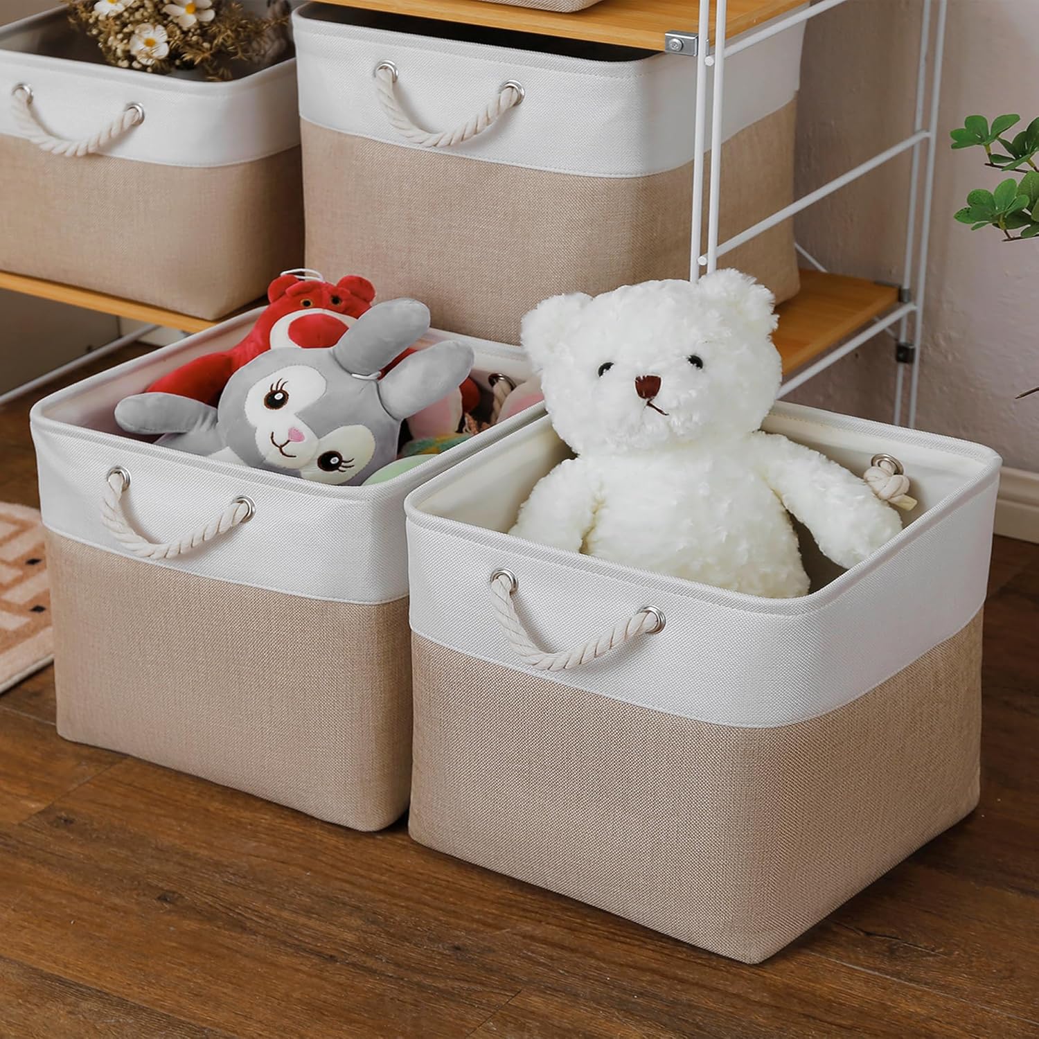 13×15×13 Inch Storage Cubes,6 Pack Cube Storage Bins for Shelves,Fabric Collapsible Storage Bins with Handles, Foldable Storage Basket for Organizing Clothes,Books (White&Beige,13"x15"x13")