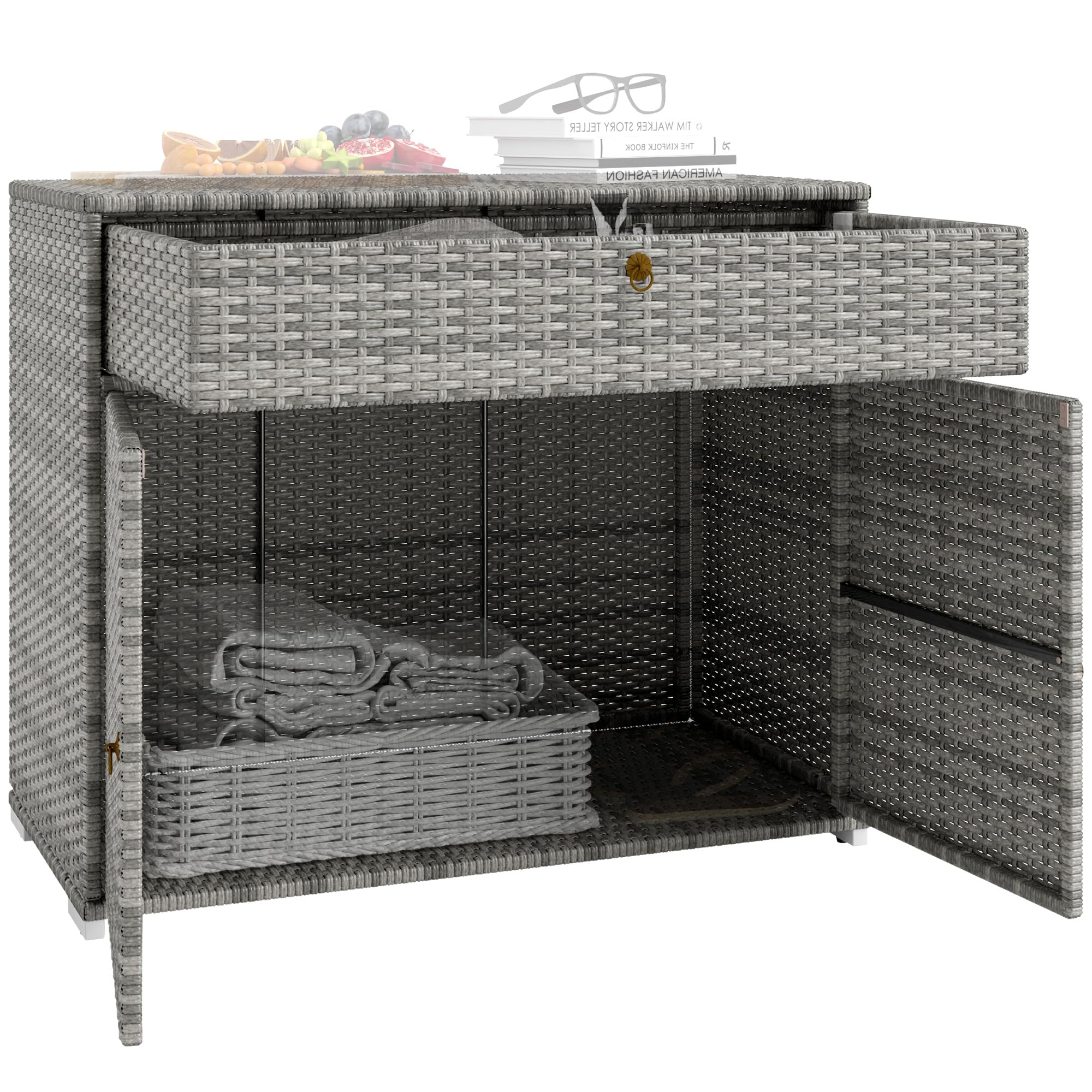 Outsunny Outdoor Storage Cabinet, Hot Tub Accessory Storage, Freestanding PE Rattan Wicker Cabinet with Drawer for Indoor, Outdoor Swimming Pool, Spa, Gray