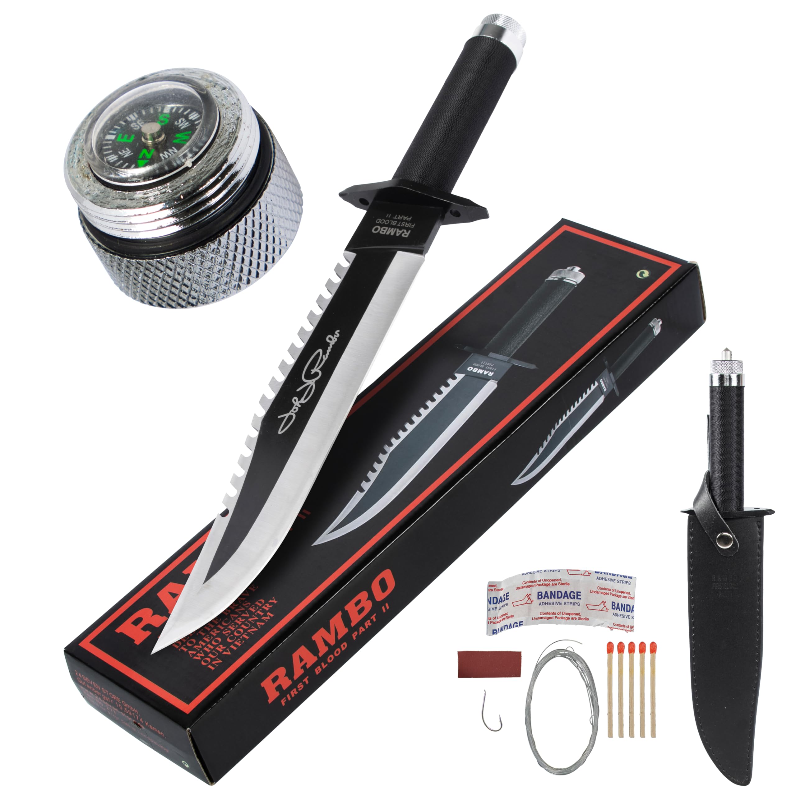 VIKING GEAR Rambo John Rambo First Blood Part II Signature Edition nóż do rambo z kompasem, haczyk do wędkowania ze sznurkiem, plastry, zapałką i pochwą na noże ze skóry PU