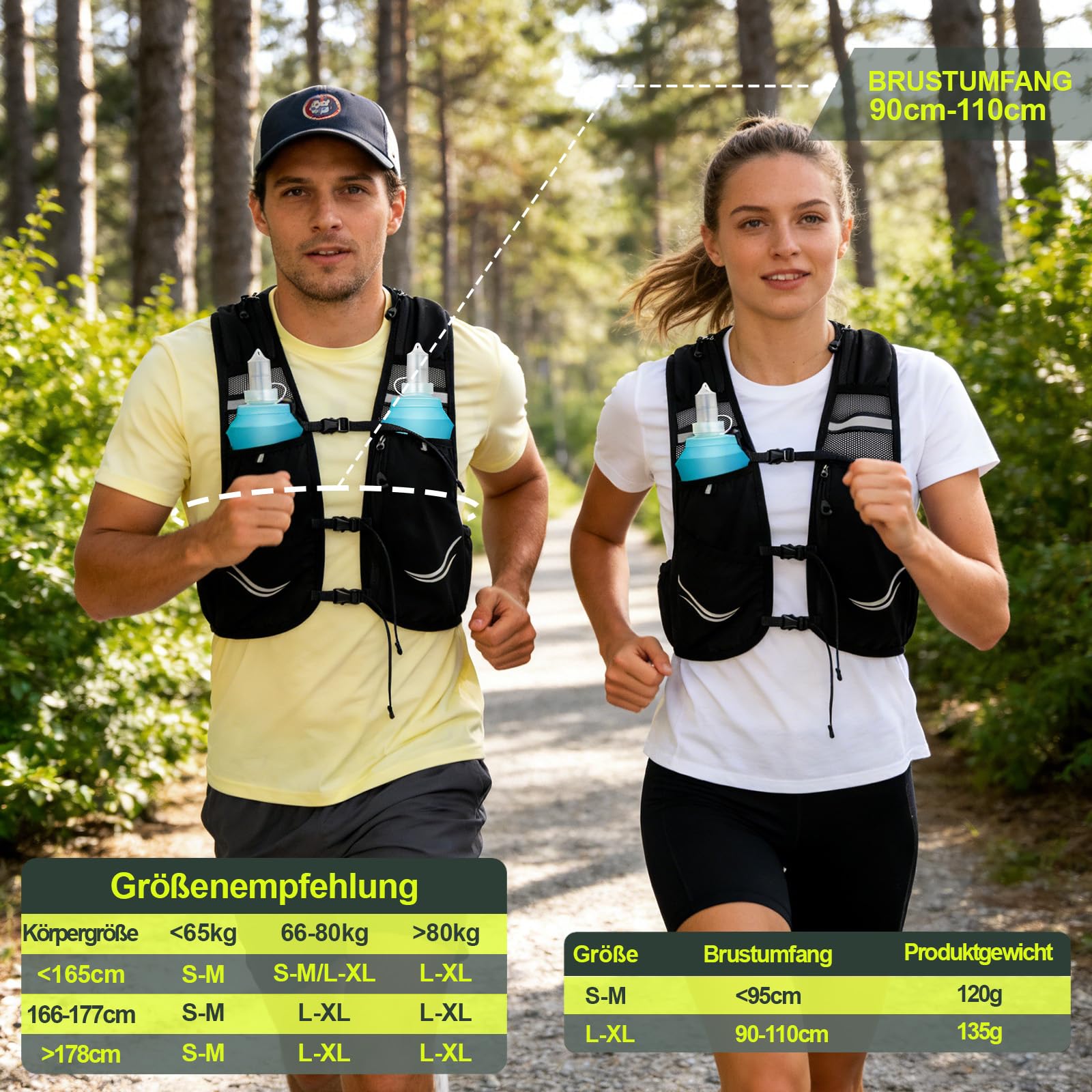 Charmofun Laufweste Damen Herren, Laufrucksack Leicht mit 2 Stück 500ml Softflasche, Verstellbarer Reflektierender Trinkrucksack Laufen für Laufen, Camping, Marathon, Radfahren, Jogging