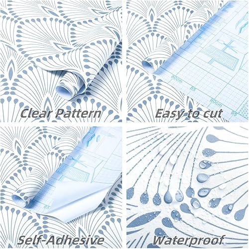 Miniatura 5 de LiKiLiKi Papel tapiz geométrico moderno para despegar y pegar, papel de pared azul de 16.1 x 78.7 pulgadas, papel de contacto bohemio, papel tapiz