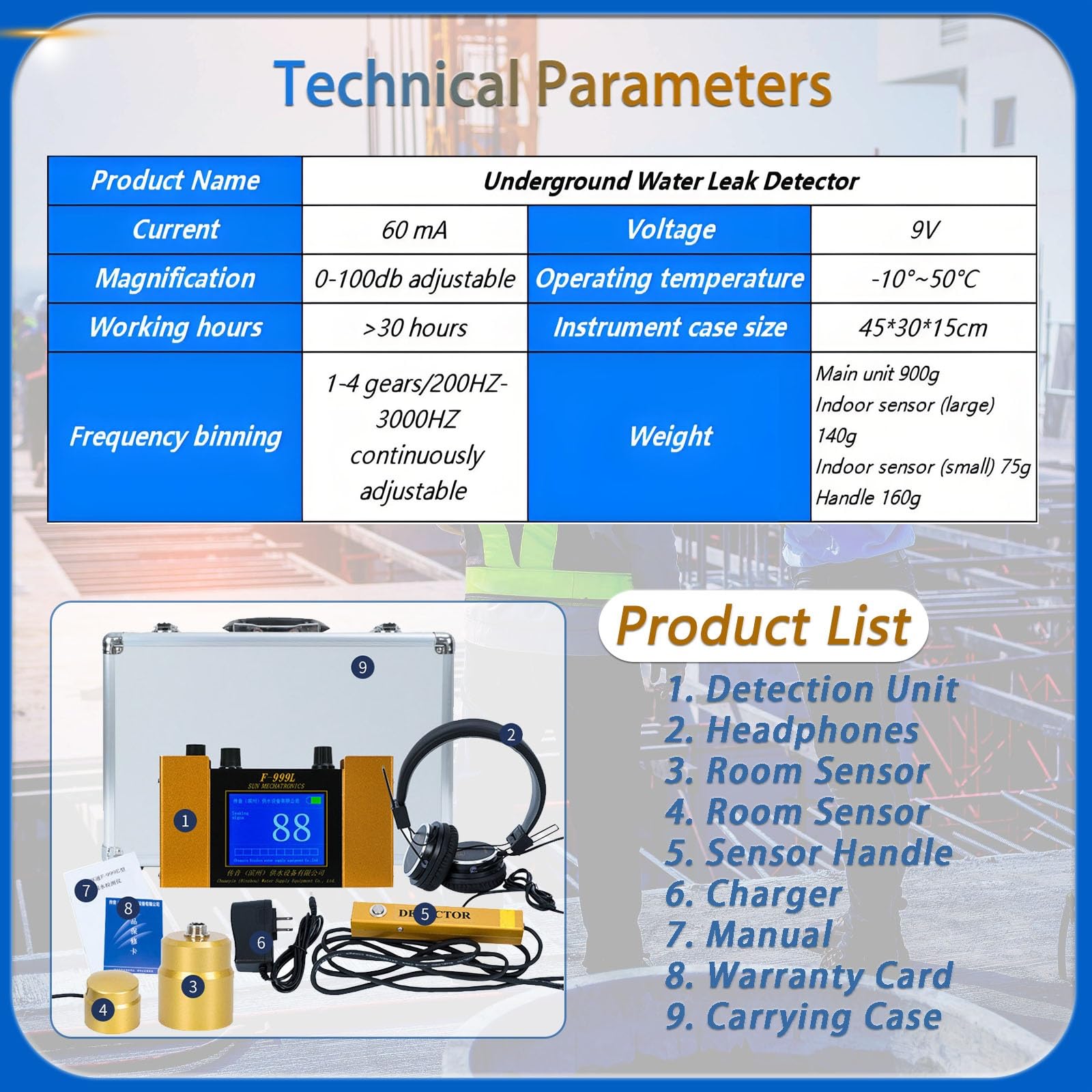 Detector Profesional de Fugas de Agua por Ultrasonidos, con Pantalla LCD Digital y Audífonos Cancelación de Ruido, 4 Modos Ajustables de Sensibilidad, para Tuberías Subterráneas.