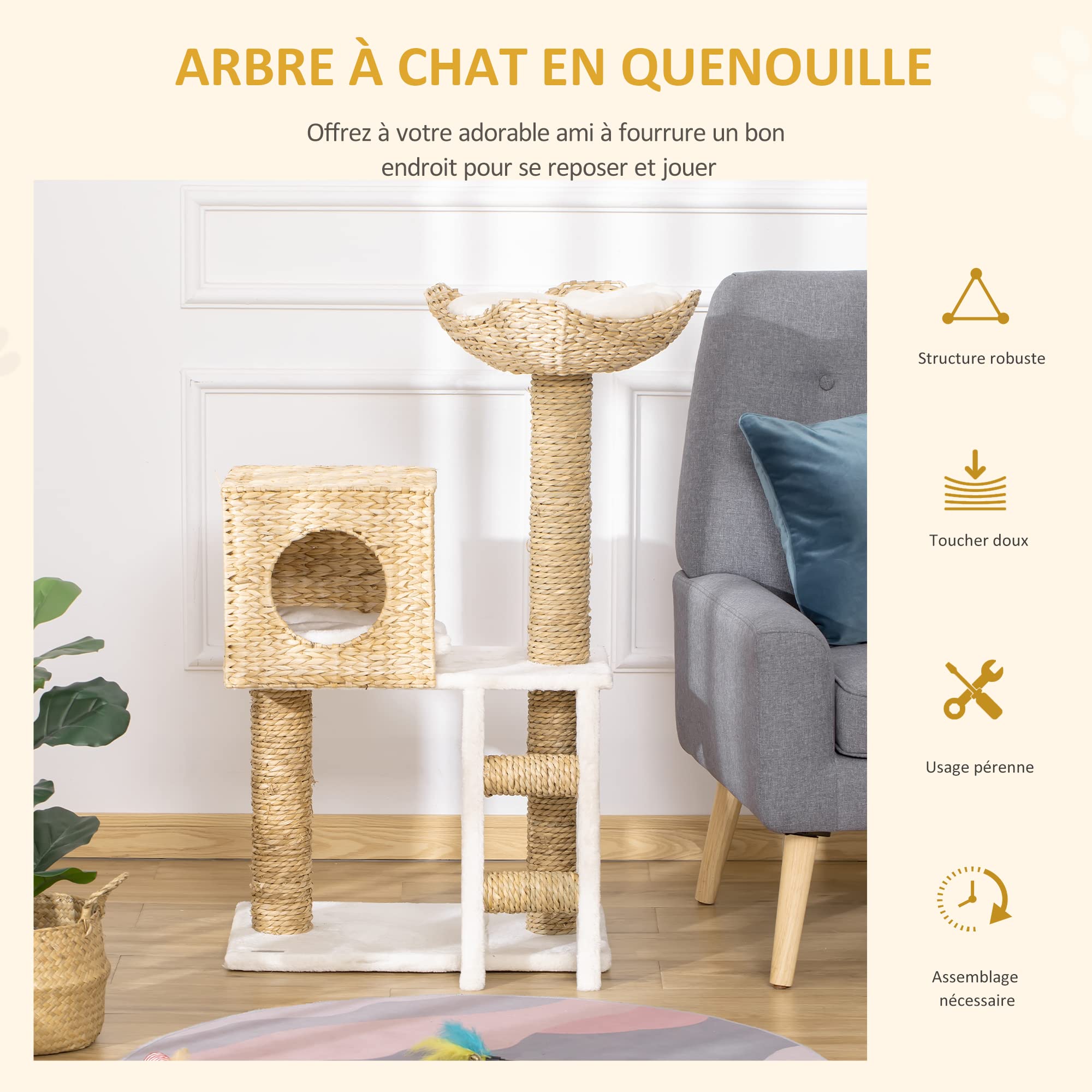 PawHut Arbre à Chat Arbre à Grimper Griffoir pour Chat Hauteur 100,5 cm | avec Coussins, Échelle, Centre d'Activités, Poteaux en Quenouille