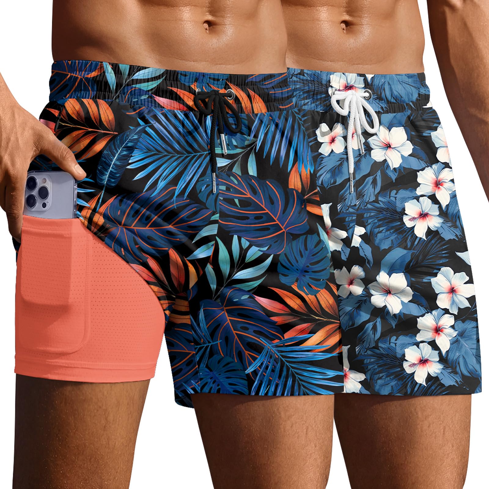 Ekouaer 2 Pack Men's Swim Trunks 5" with Compression Liner 2 in 1 Board Shorts Quick Dry Bathing Suit Swimwear Zipper Pocket