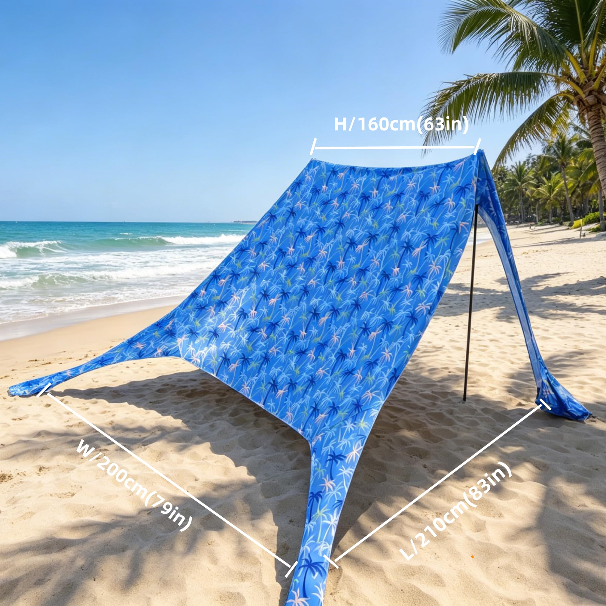 Tenda da spiaggia, stampa palme blu, Tenda da mare per l'ombra e la protezione dal sole, 210x200x160 cm, riparo solare per 3–4 persone