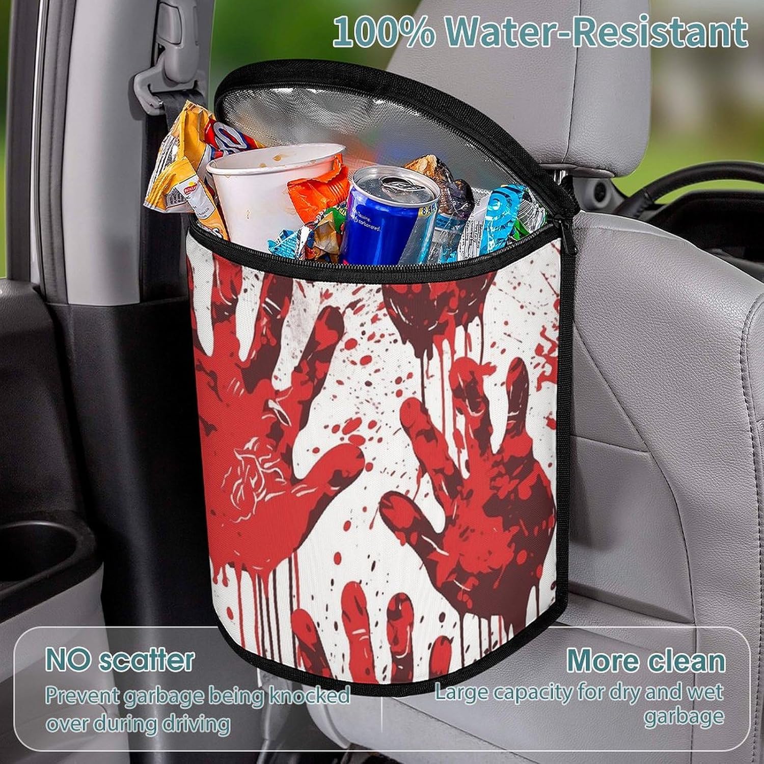 Hanging Car Trash Bag Bloody Handprints Printed Car Garbage Storage Bag Leakproof Car Trash Can Portable Garbage Storage Bags