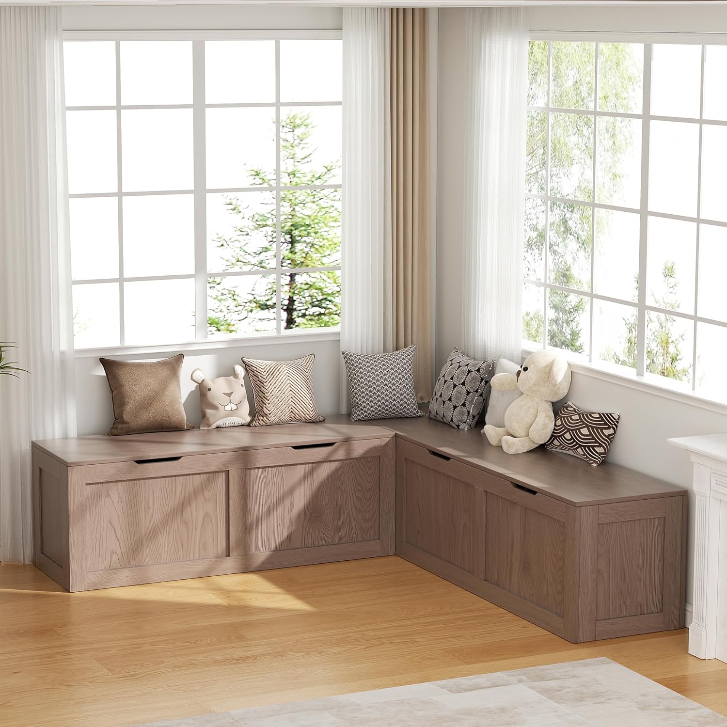 L Shaped Bench with Storage, 63" Breakfast Nook Benches, Kitchen Corner Dining Bench Seating for Entryway Dining Room, Kitchen, Cherry Brown