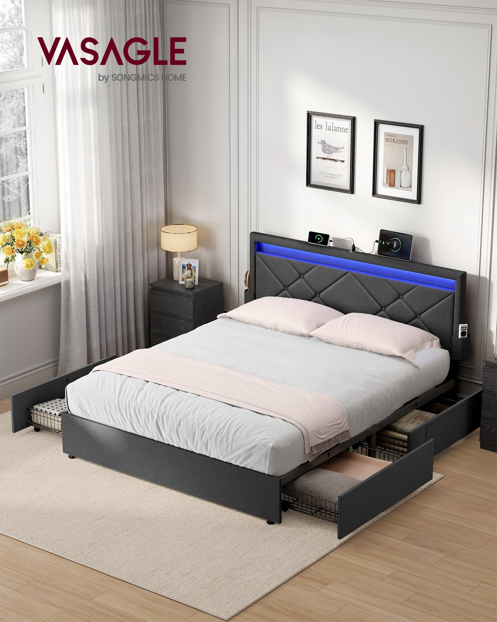 VASAGLE Doppelbettgestell, Bettgestell, 180 x 200 cm, LED, Metallbett, 4 Schubladen, Ladestation, verstellbares gepolstertes Kopfteil, dunkelgrau RMB825GN02