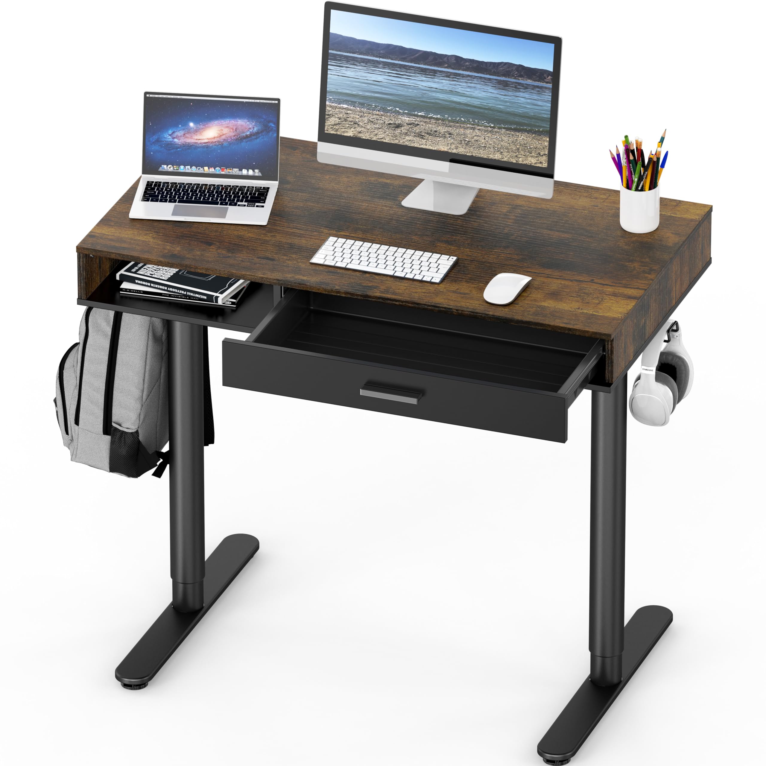 SHW 40-Inch Height Adjustable Claire Electric Standing Desk with Drawer, Rustic Brown