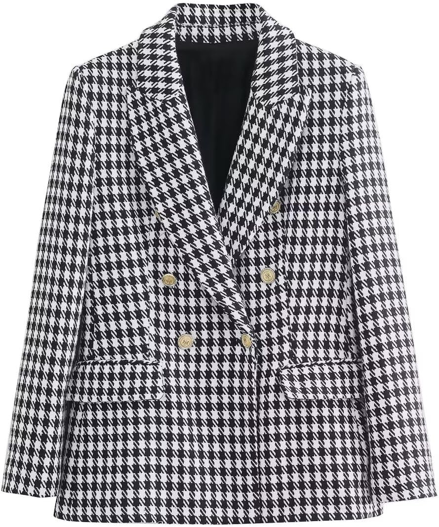 Women's Houndstooth Blazer Jacket Slim Fit Double Breasted Fall Spring Sport Coat Business Casual