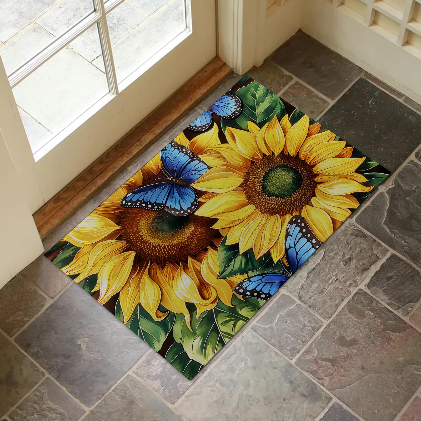 VANZEV Sunflower and Blue Butterfly Indoor Door Mat for Entryway, 17x29.5 Inch, Floral Design Floor Doormat for Home Decor, Non-Slip Rug Mat for