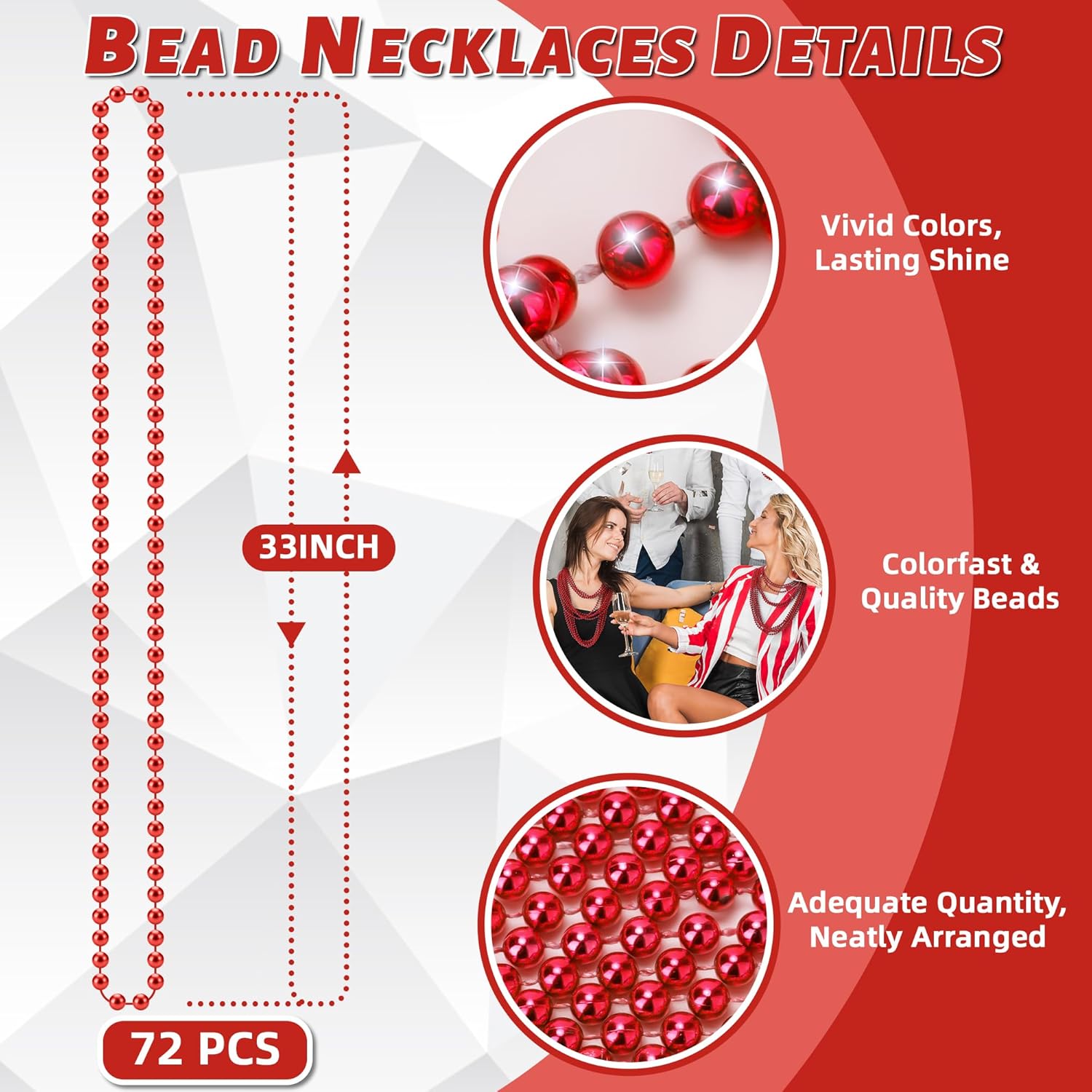 YAXINRUI 72 PCS Red Bead Necklace, Red Mardi Gras Beads Christmas Necklaces, 33 Inch Round Valentine Beaded Necklaces for Mardi Gras Christmas Valentine Festive Events, Party Favors - Image 4