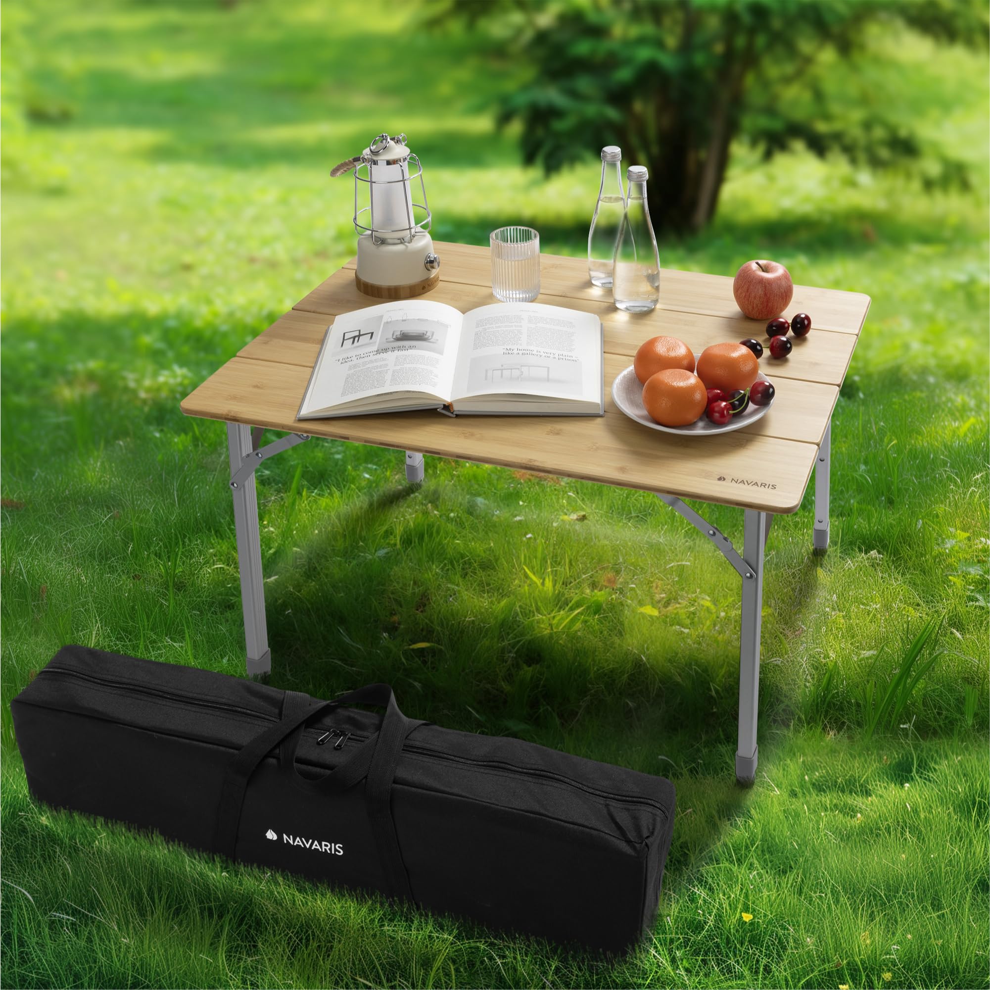 Navaris Bamboo Portable Folding Camping Table - Adjustable Height Picnic Table - Holds Up to 66 lb - UV & Water-Resistant - Includes Carry Bag - 31.5"