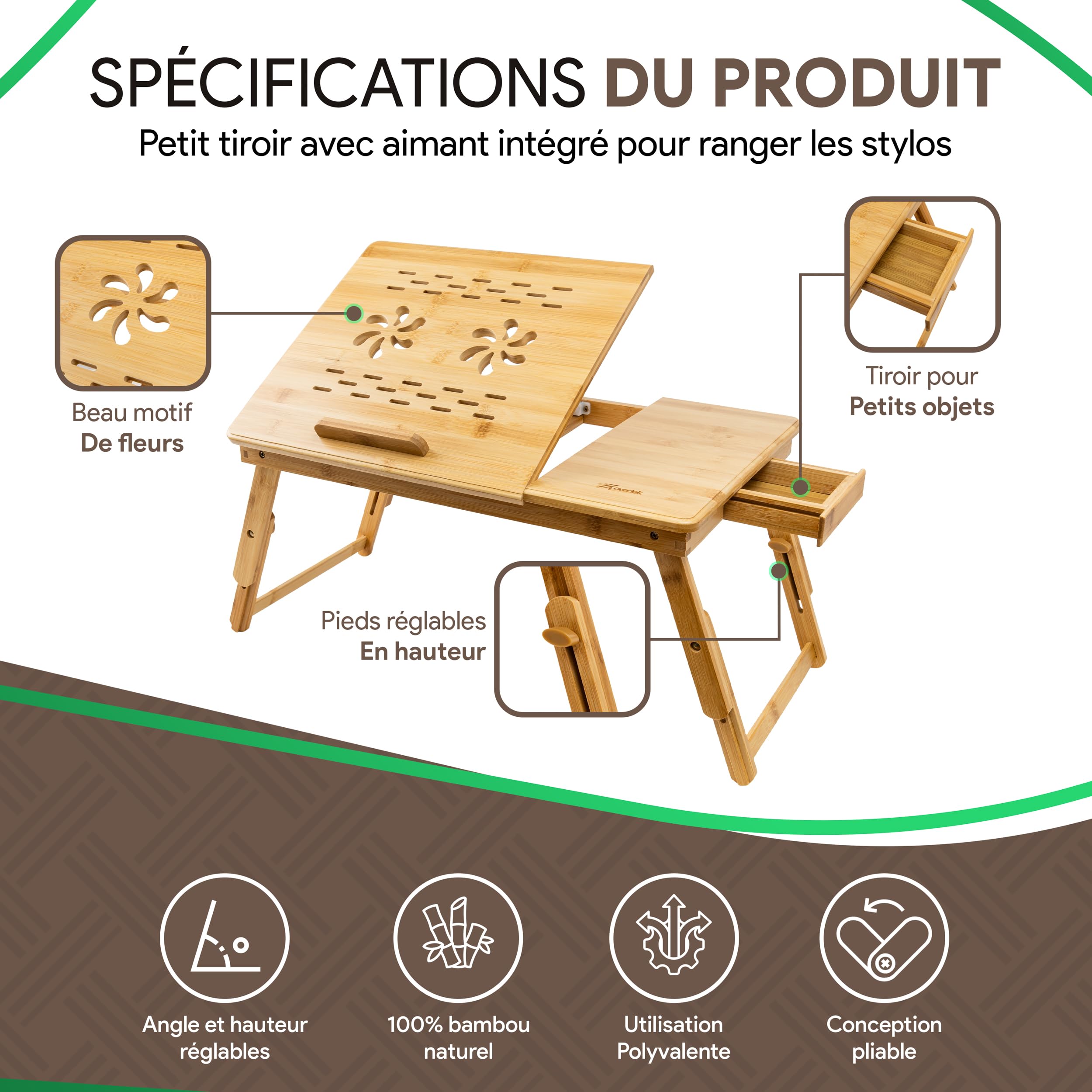 Table de Lit pour Ordinateur Portable – Bureau de Lit Réglable en Bambou avec Tiroir, Tapis de Souris et Organisateur de Câbles – Table PC Portable Pliable pour Lit et Canapé