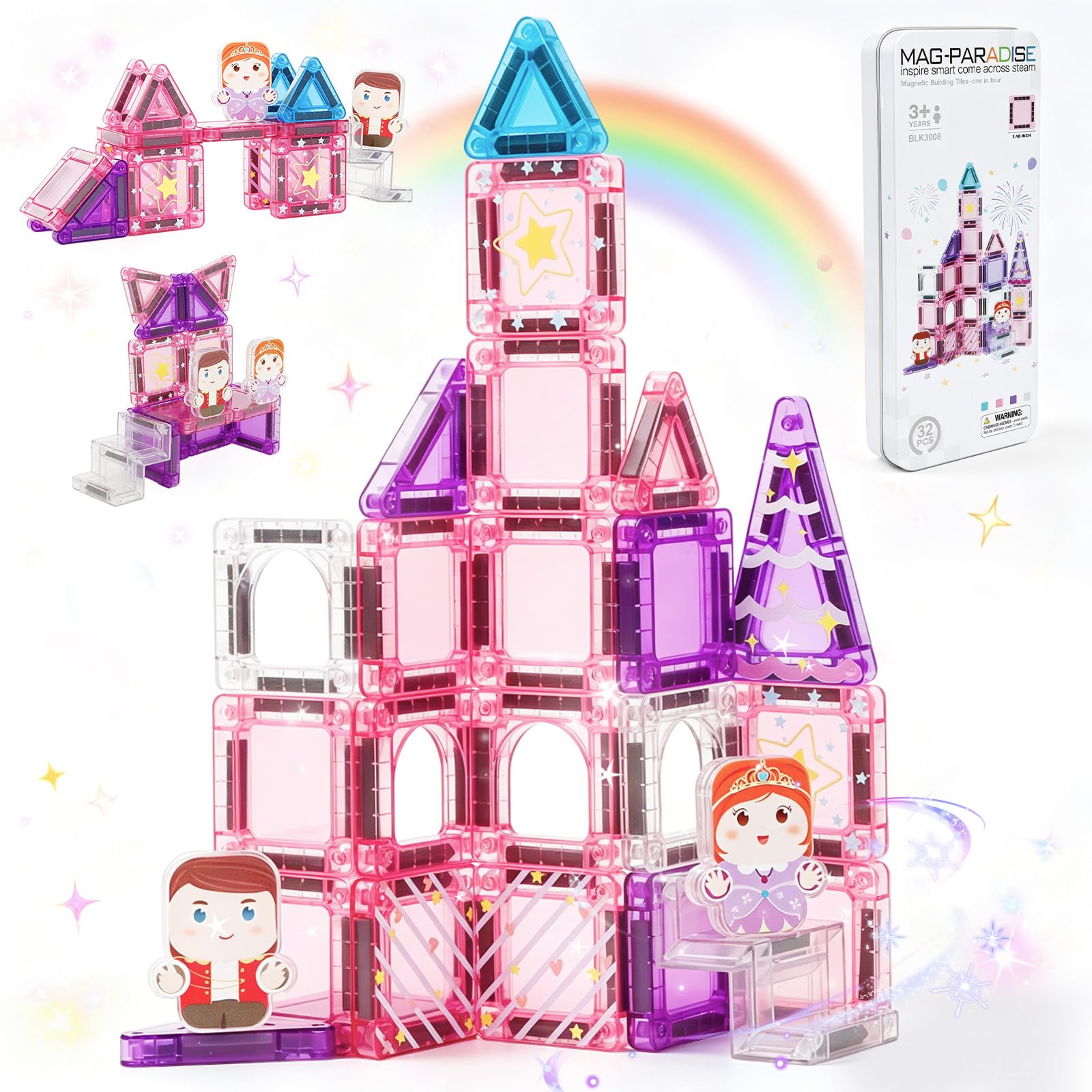 Jovicos Magnetic Tiles for Kids, 32PCS Magnetic Building Blocks, Magnetic Blocks for Kids with Case, STEM Montessori Travel Toys Sensory Learning Educational Magnet Tiles Gifts for Boys Girls Aged 3+