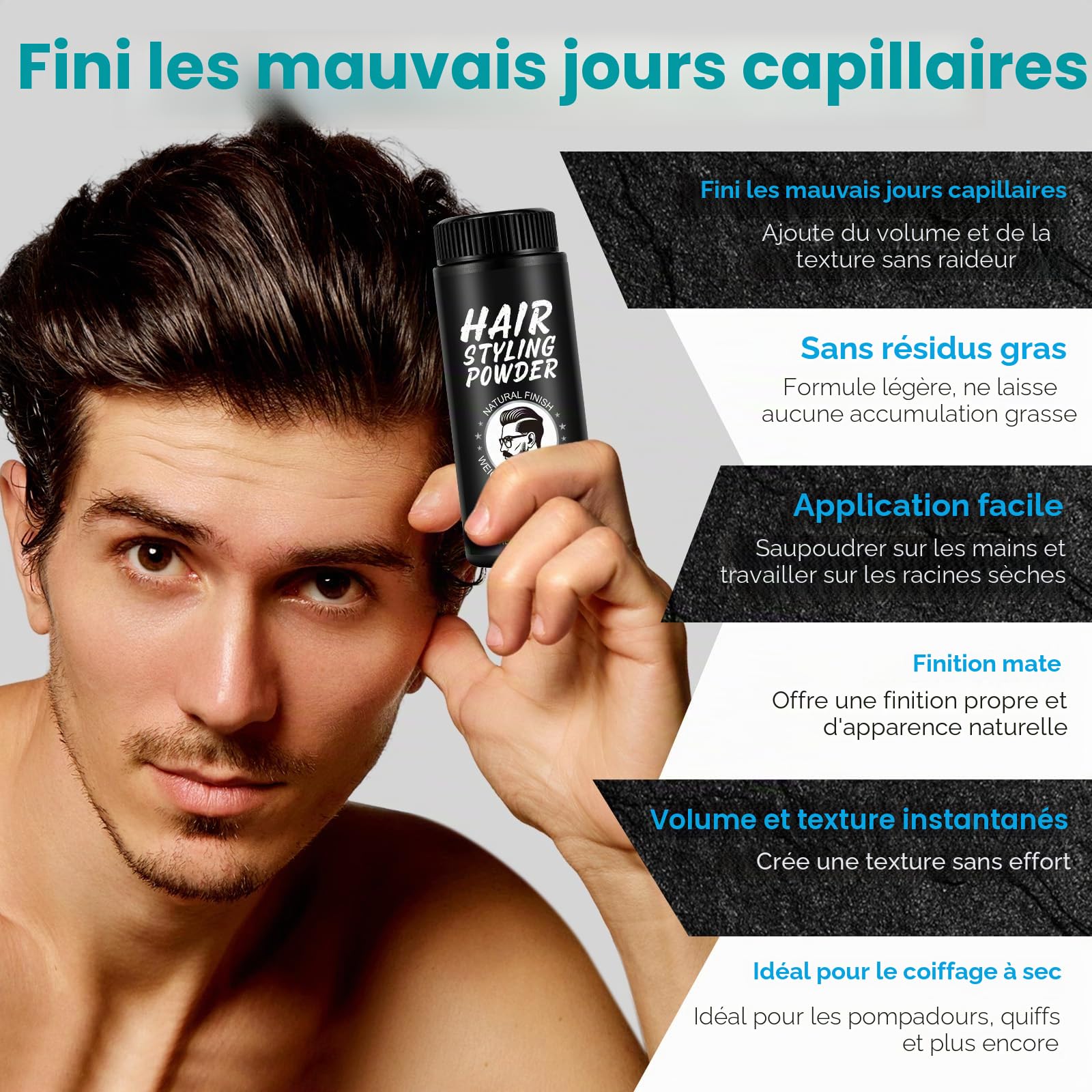 Poudre de volume pour cheveux pour homme, 30 g, texture powder, poudre coiffante, volume des cheveux avec effet mat, tenue longue durée, facile à appliquer, non grasse, poudre pour cheveux pour hommes