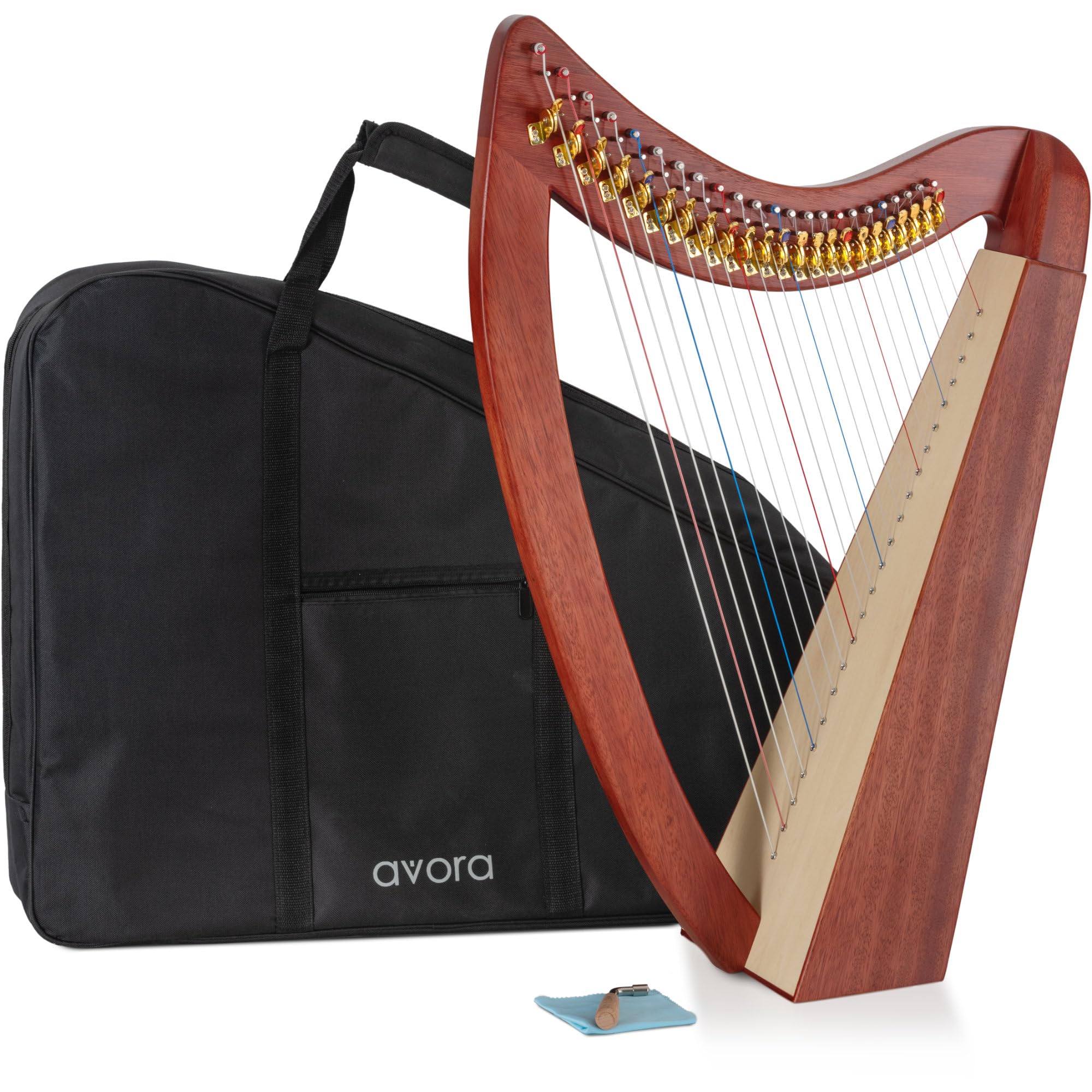 Avora Arpa Celtica 23 corde in mogano – artigianale con borsa, chiavi di accordatura, meccanismo a ganci – diatonica in Mi bemolle maggiore, leggera e compatta per uso flessibile.