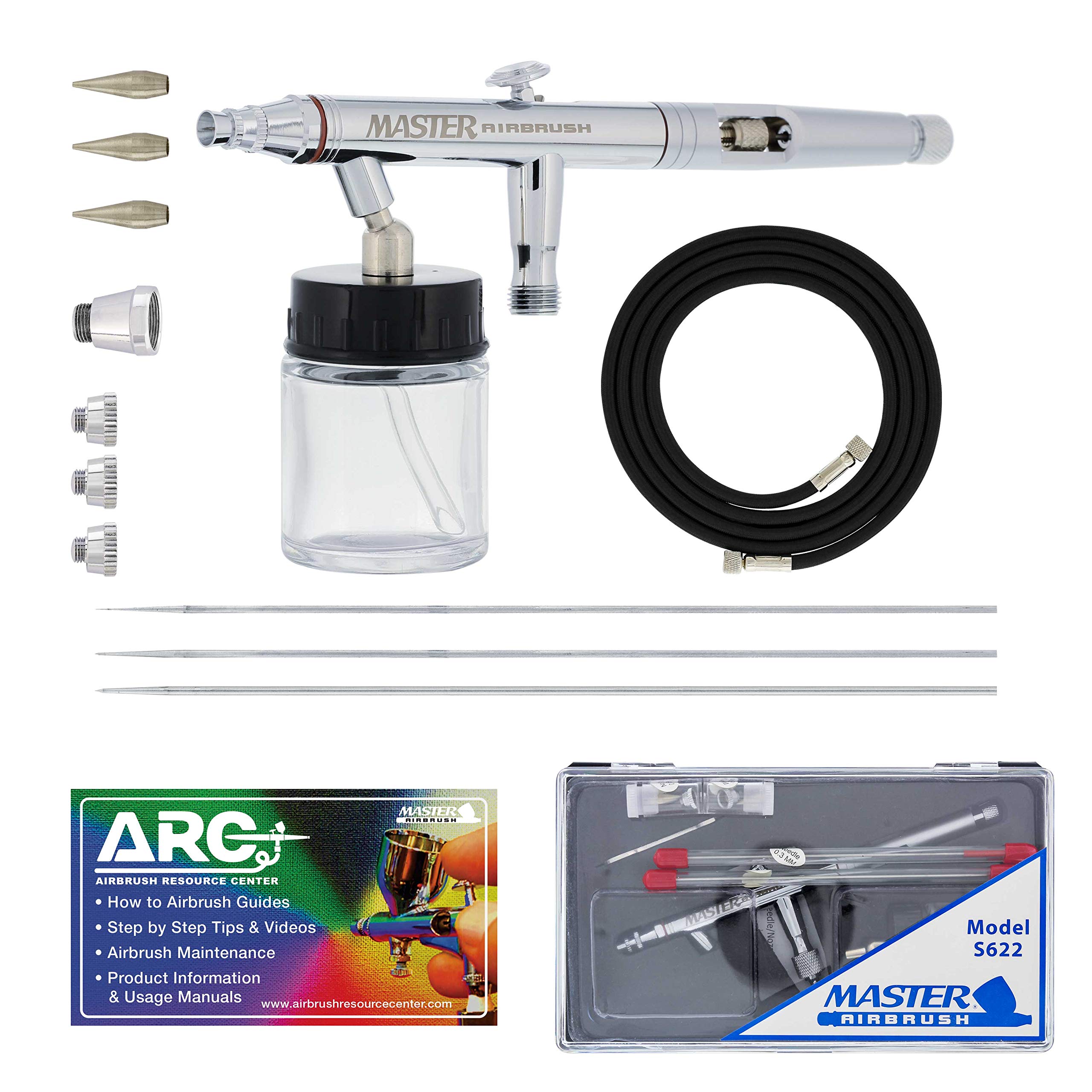 Master Airbrush S62 Dual-Action Siphon Feed Airbrush Gun Set, 3 Nozzles, 3/4 oz Bottle, 6-Foot Braided Hose - Air Brush Guns for Painting and Aerografo Artwork