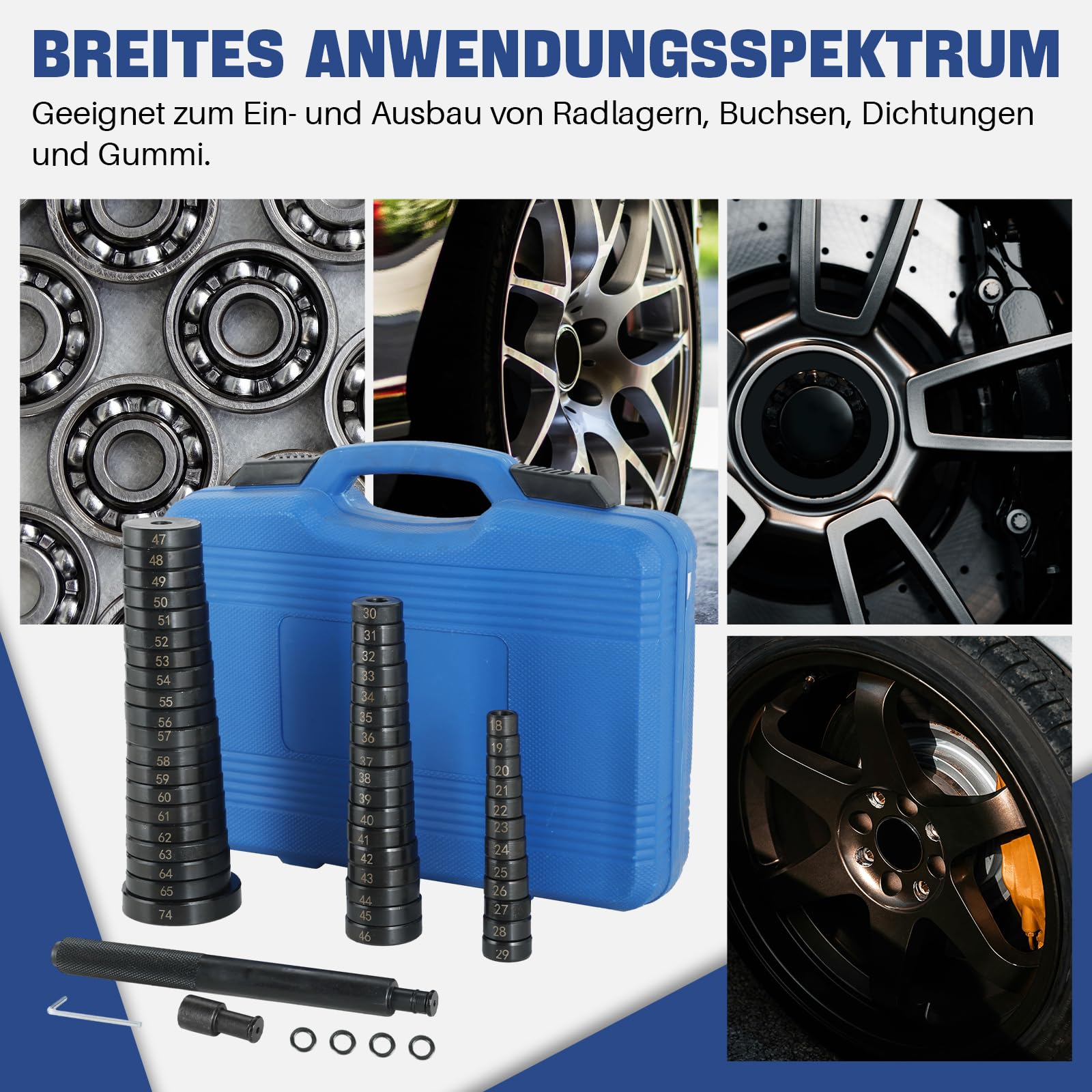 DASBET 52 TLG Radlager Werkzeug Satz 18–65 mm, Lagerpresse Druckstück Treibsatz mit Montagescheiben für Radlager, Buchsen, Simmerring, Lagerschalen & Gummilager Kfz Montage Demontage