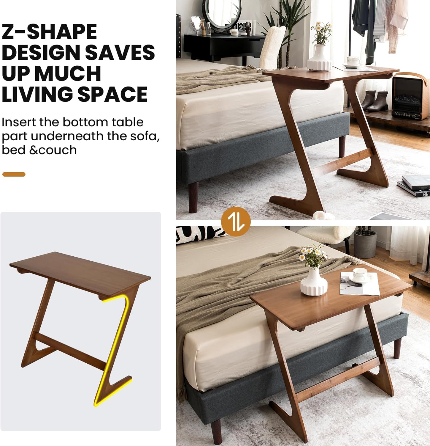 Tangkula Bamboo TV Tray Sofa Side Table, Z-Shaped Couch Table with 30” x 16” Tabletop, Space-Saving Snack Laptop Desk, Quick Assembly, End Table for Home, Office, Library (1, Brown)