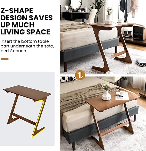 Miniatura 8 de Tangkula Bandeja de TV de bambú, mesa auxiliar para sofá, mesa de sofá en forma de Z con mesa de 29.5 x 16 pulgadas, escritorio para portátil que
