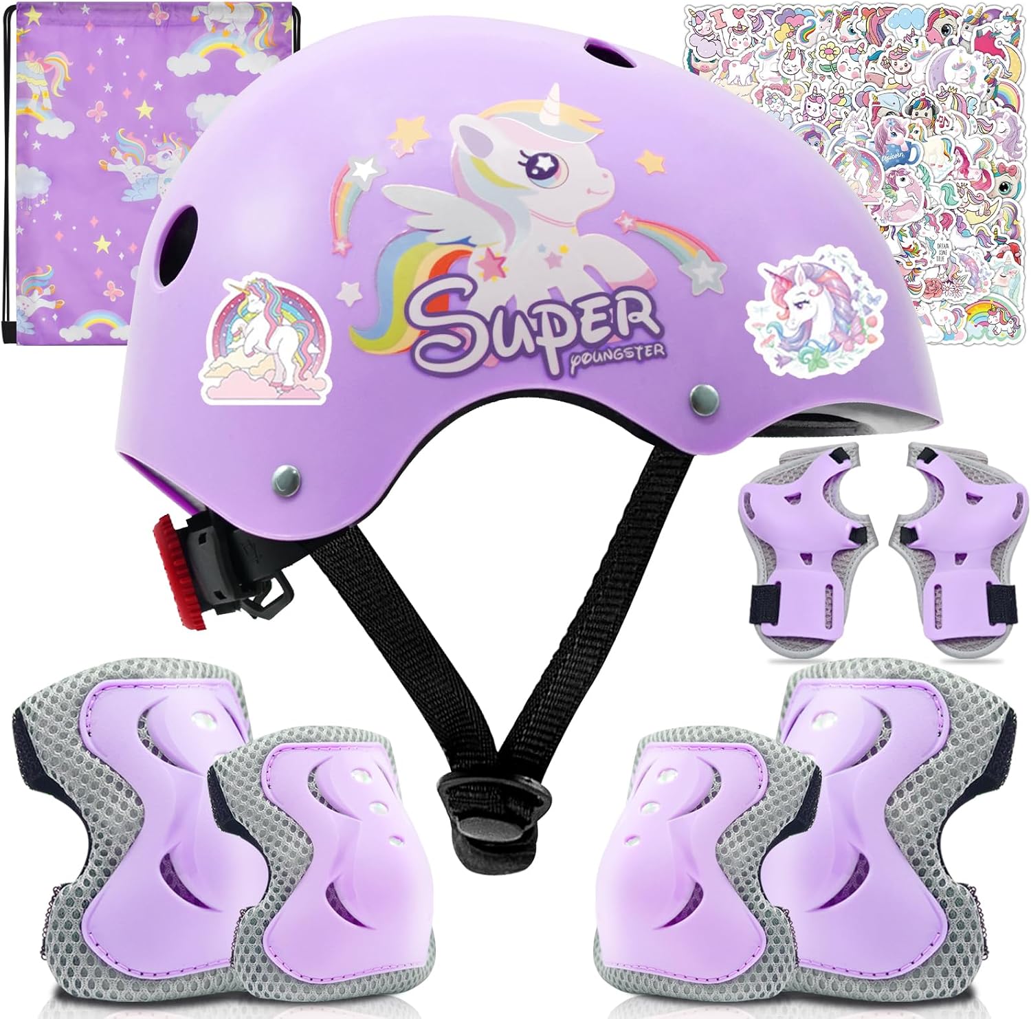 Adjustable Kids Bike Helmet Set with Knee, Elbow and Wrist Pads, Toddler Helmet for Ages 3-5-8-14 Boys Girls, Protective Gear Set for Ages 3-14 Kids & Youth, for Bikes Skateboards Rollerskates