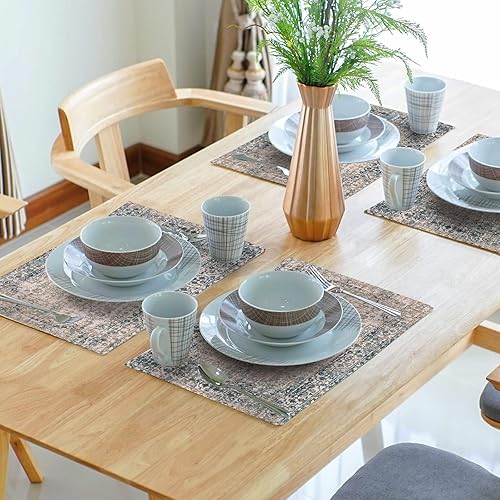 Miniatura 7 de Juego de 4 manteles individuales étnicos bohemios, estilo vintage, de lino gris, lavables, resistentes a las manchas, resistentes al calor,