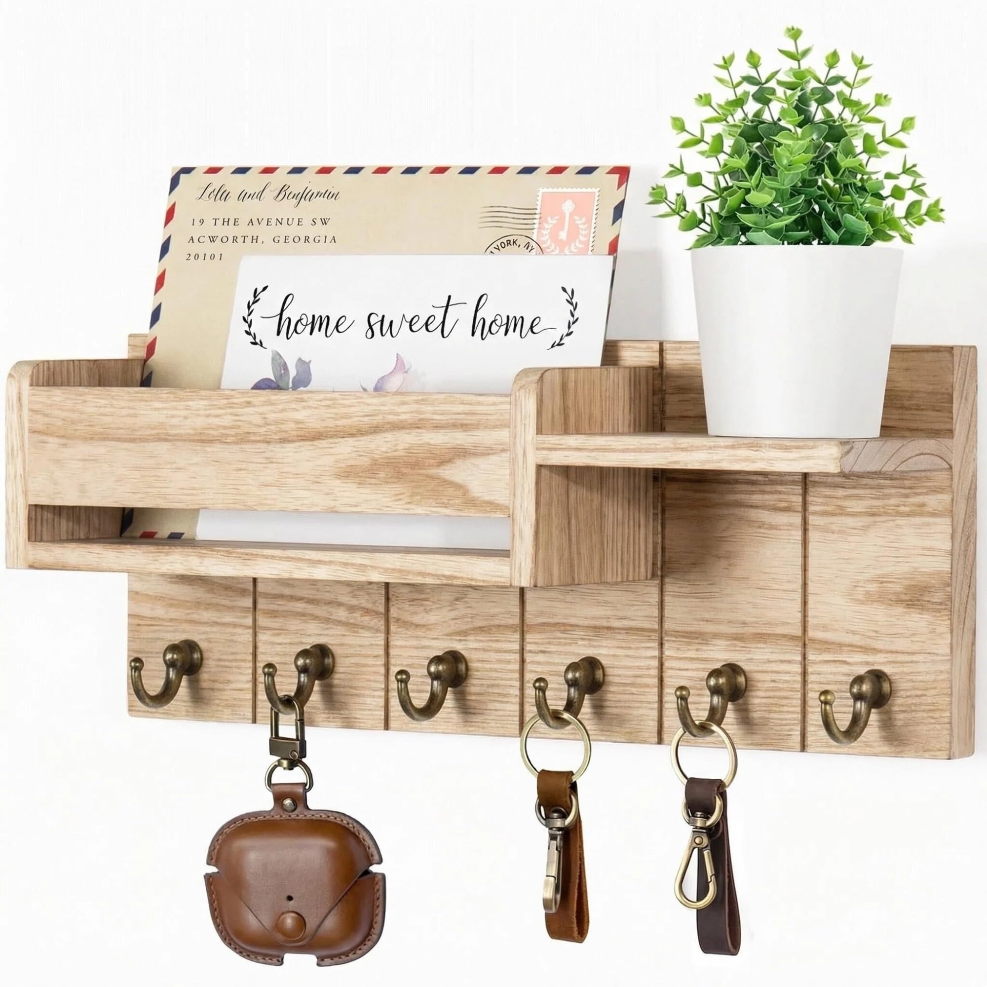Kifsdlf Light Burnt Color Wall Key Rack Mail Organizer 6 Hooks Easy Install