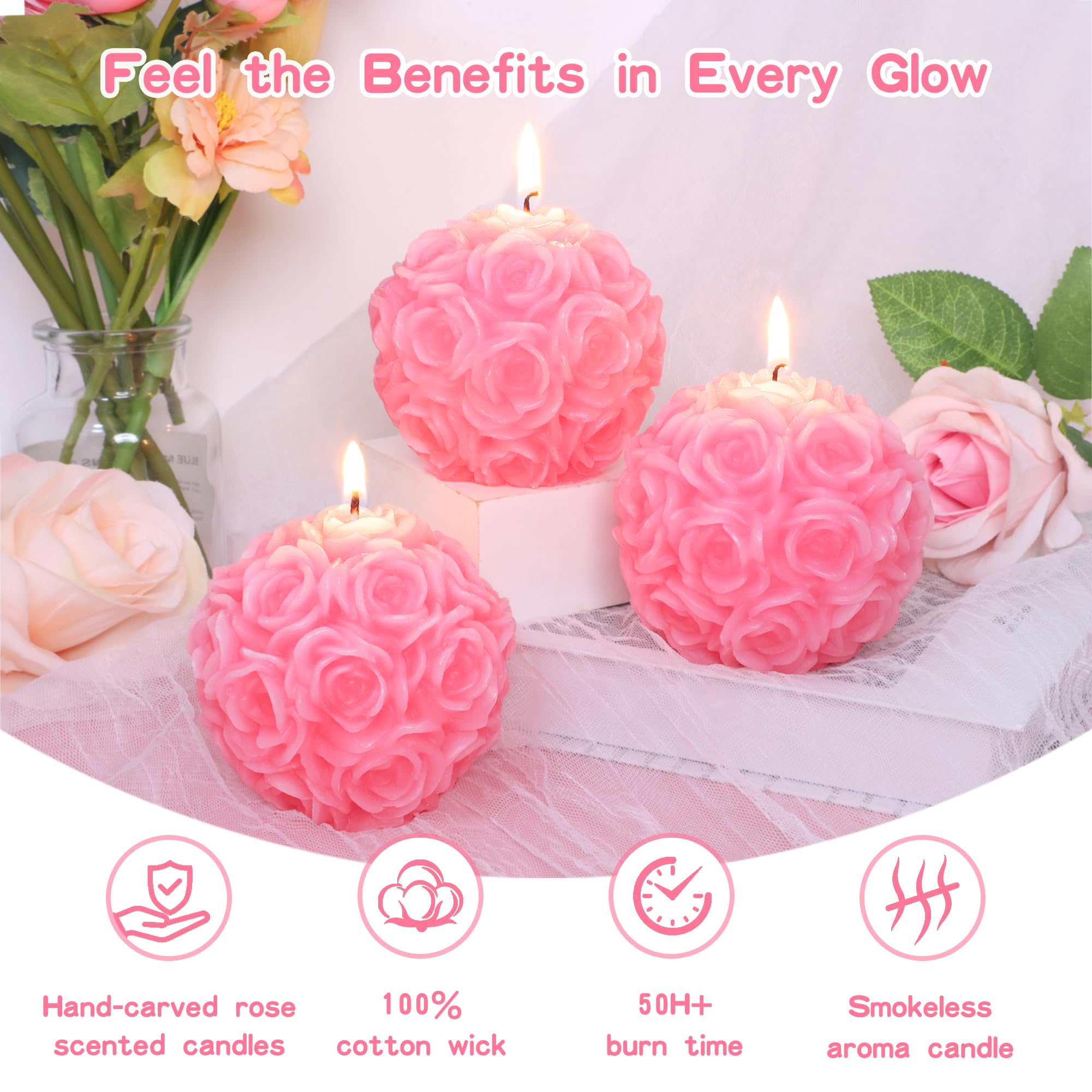 Juego de 3 velas de rosa vertidas a mano (3.54 x 3.35 pulgadas), más de 150 horas de tiempo de combustión, sin goteo, velas perfumadas de rosas, sin humo, decoración para el día de la madre y bodas