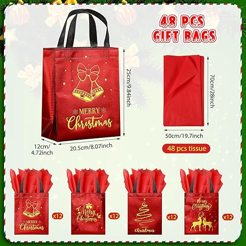 Miniatura 8 de Paquete de 24 bolsas de regalo de Navidad con pañuelos, bolsas rojas medianas reutilizables de Navidad con asas, bolsas de regalo de papel dorado