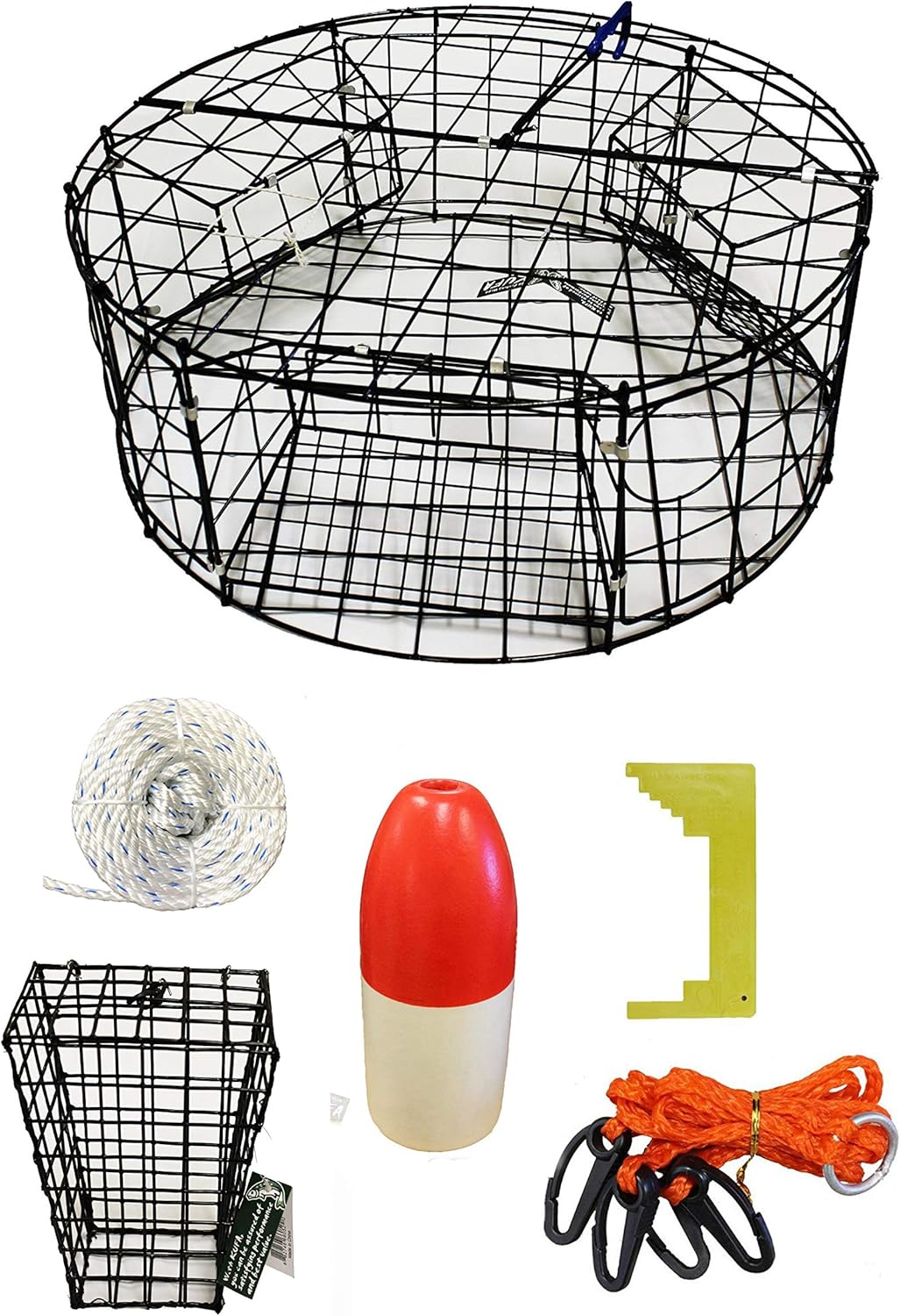 KUFA Vinyl Coated Round Crab Trap & Accessory Kit (100' Non-Lead Sinking Line, Caliper,Harness,Metal Bait cage & 13" Red/White Float) CT110+CS392