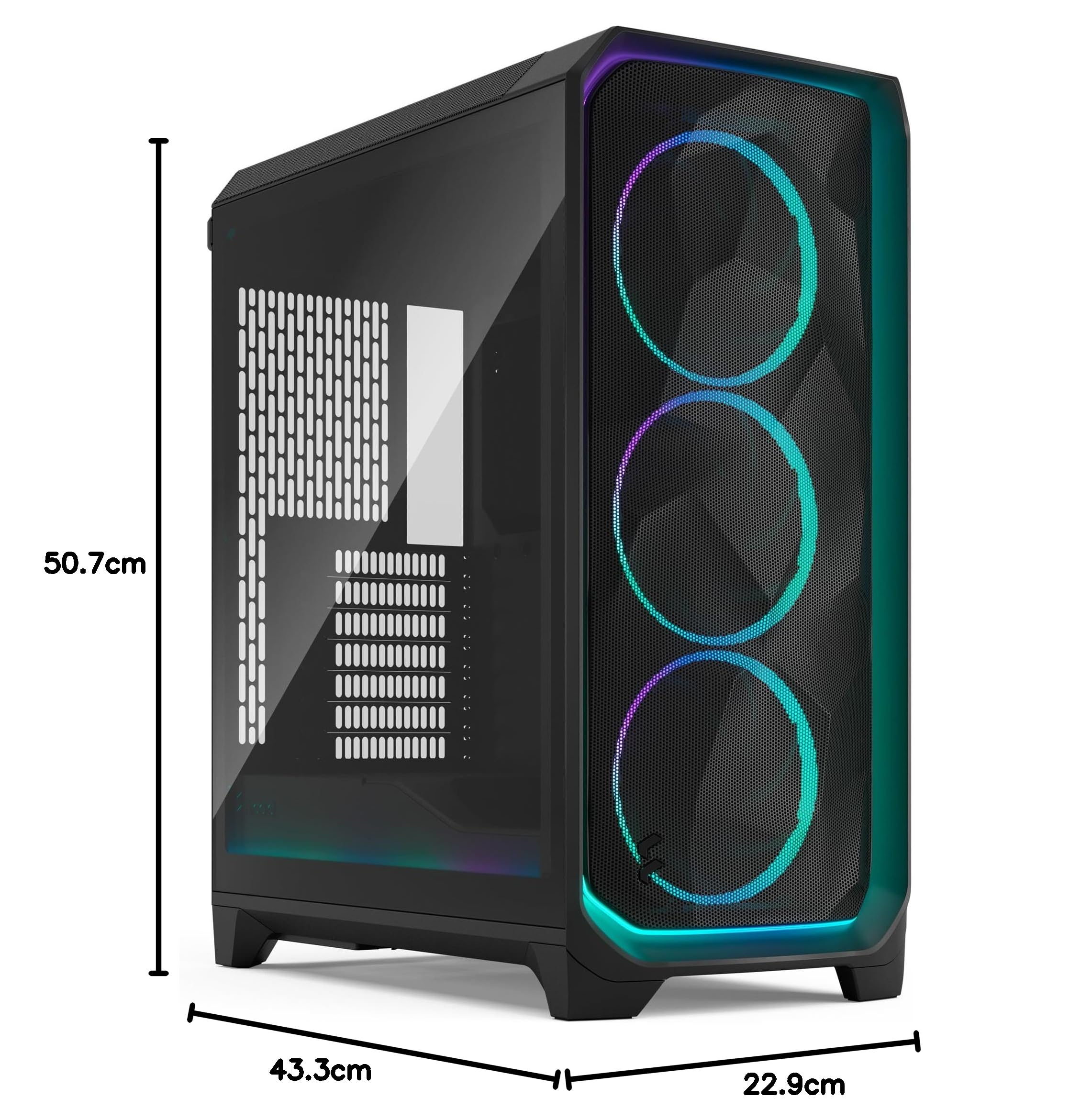 Fractal Design Meshify 3 Ambience Pro RGB Black TG Light Tint - Gaming Computer-Gehäuse – Facetten-Mesh-Front – Gen 2 ARGB Beleuchtung via Adjust Pro Hub – DREI RGB Momentum 14 Lüfter enthalten