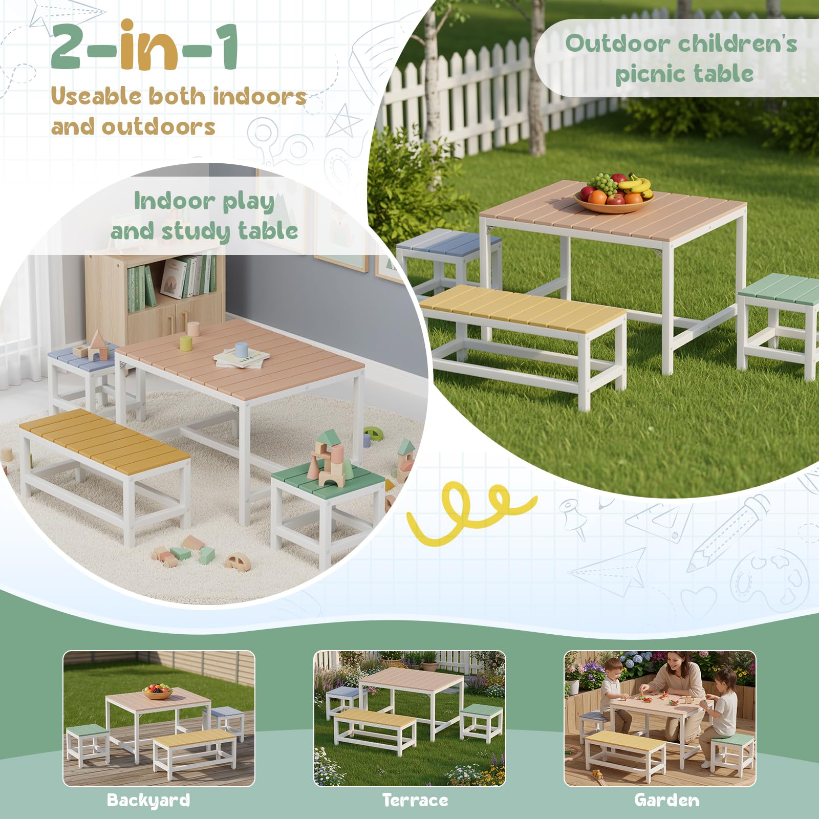 MAMIZO Kindertisch Pappelholz Massivholz, Kinder Tisch Stuhl Set Garten mit wasserdichte Abdeckung, Basteltisch Innenbereich mit 3 PCS Hocker, Kinder-Sitzgarnitur Picknick-Gruppe ab 3 Jahre, Bunt