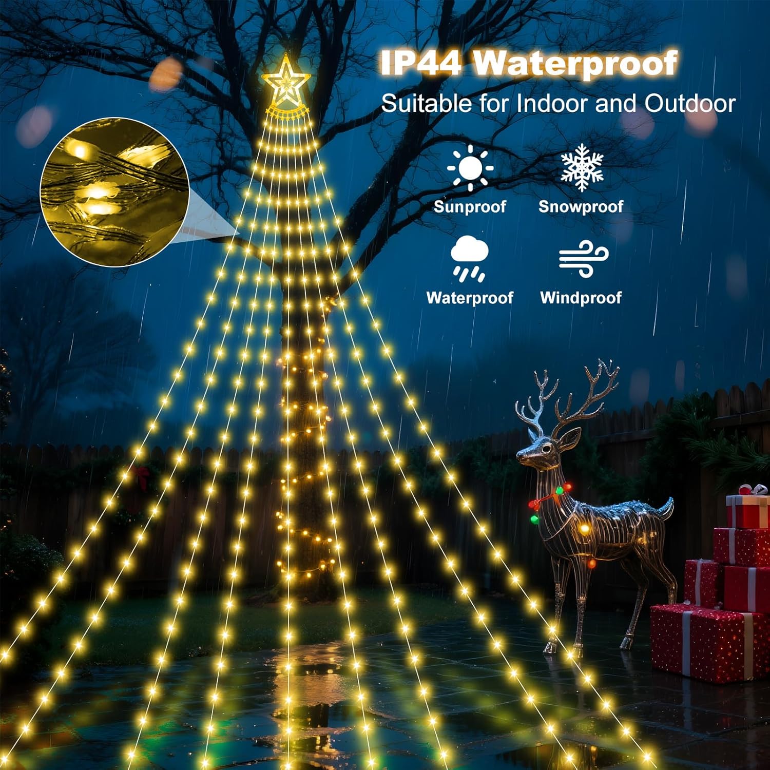 Solar Christmas Decorations Tree Lights Outdoor, 18.37ft 532LED Waterfall String Lights with 8 Modes Timer Remote Xmas Lights USB Powered for Garden Yard Patio Home Holiday Party Decor, Warm White
