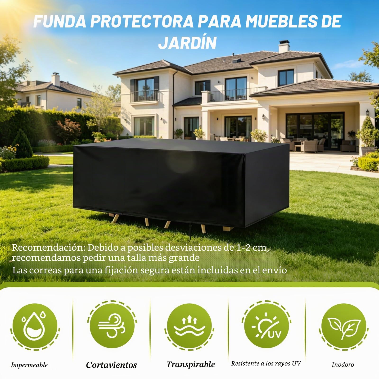 Funda para Muebles de Jardín Exterior 420D Oxford 270x180x89cm | Negro, 420D Oxford, Impermeable, Anti-UV y Resistente al Desgarro, con Cordón y Correas, para Mesa y Muebles de Jardín