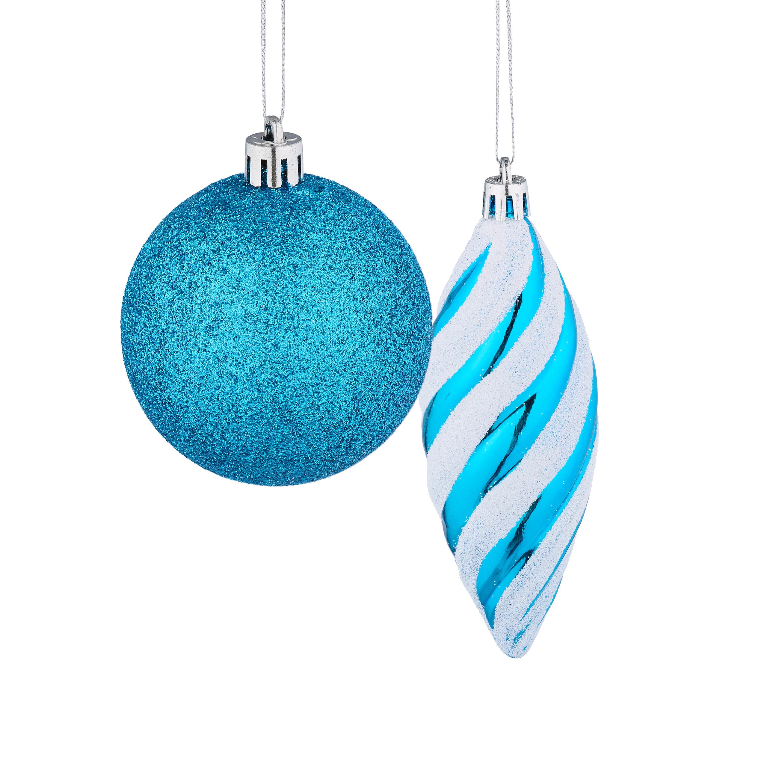 Relaxdays Weihnachtskugeln 71er Set, glitzernde, matte & glänzende Baumkugeln, Stiefel, Herz, Zapfen, Kunststoff, petrol