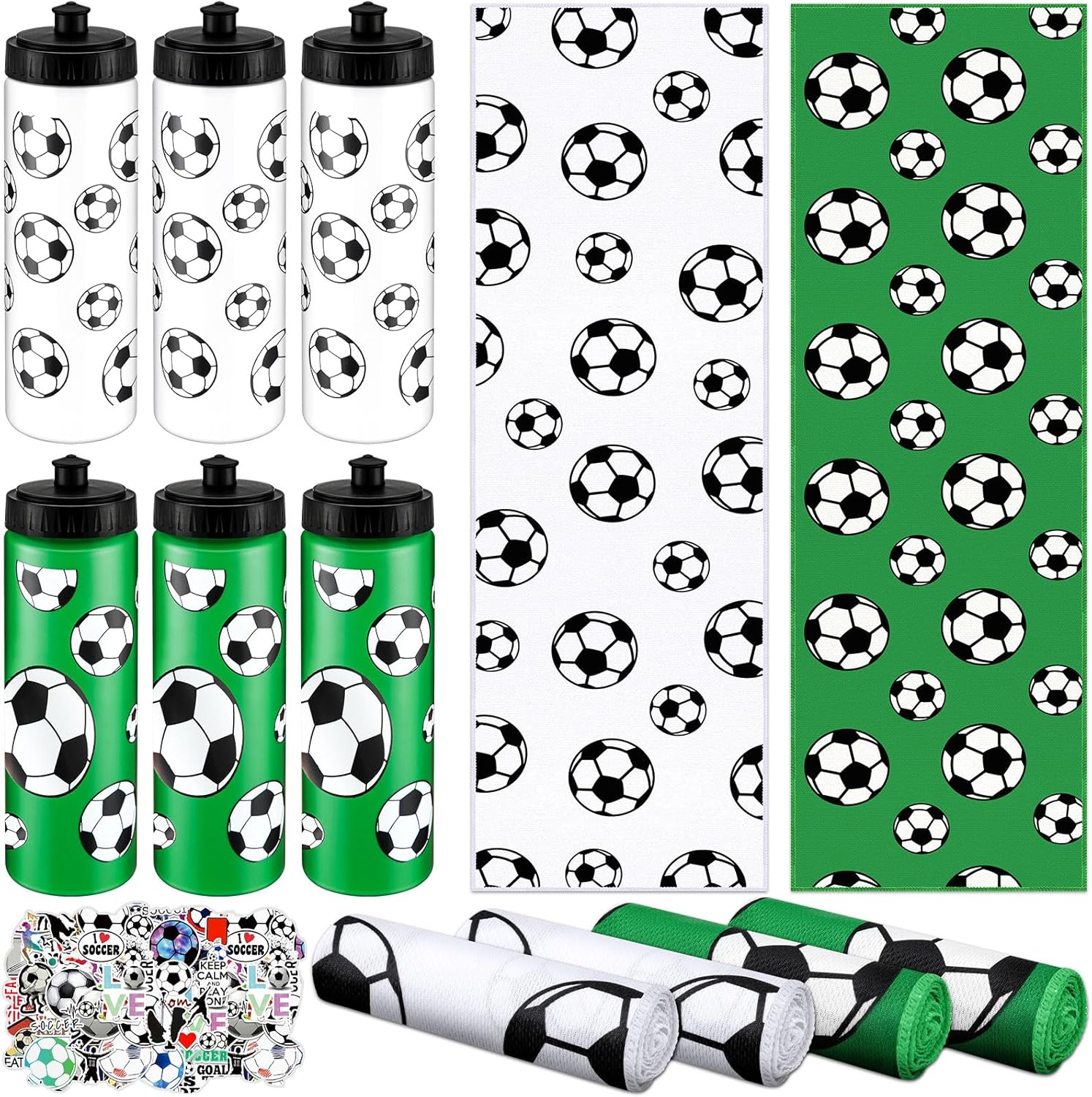 12 Pcs Soccer Water Bottle Soccer Cooling Towel Set with 50 Sticker Sports Party Favors Include 6 Reusable Sports Squeeze Water Bottle 6 Ice Towel Breathable Fast Drying for Team Gifts 12 Soccer