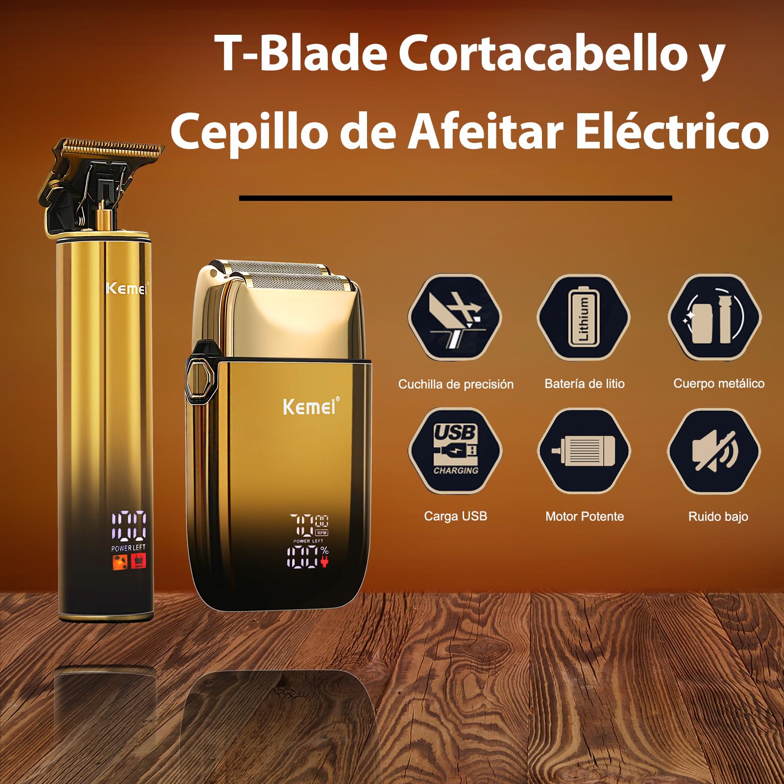 KEMEI Afeitadora eléctrica para hombres con cuchillas dobles flexibles, recortadora de barba, cortapelos y pelo, juegos de cuidado recargable, resistente al agua, Golden