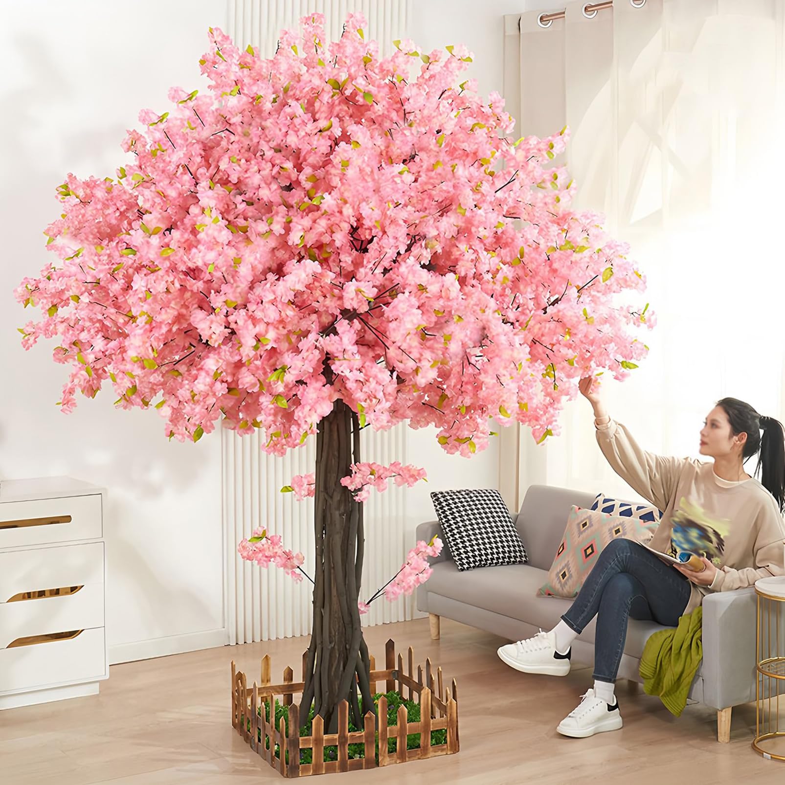 Albero artificiale alto 2,5M rosa per decorazione interna - Albero finto largo 2M con foglie realistiche per soggiorno e camera da letto