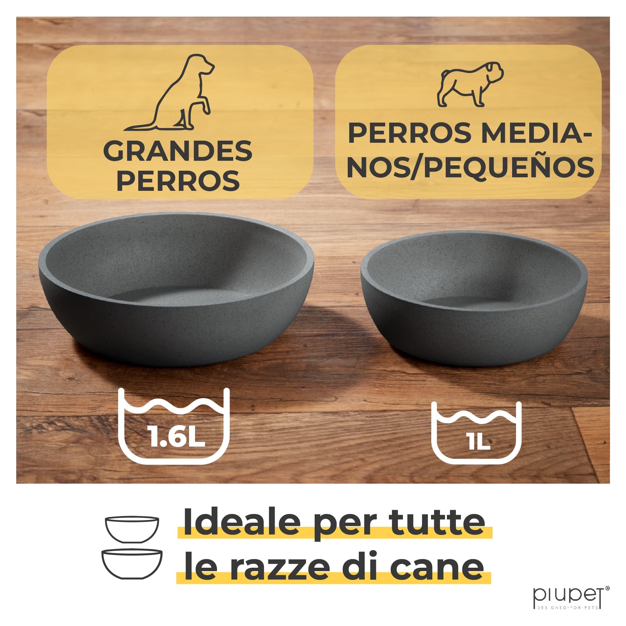 PiuPet® Comedero y Bebedero Para Perro I 2X 1,6L I Gris I Apto Para Lavavajillas I 21,5cm Diámetro I Cuenco I Accesorios